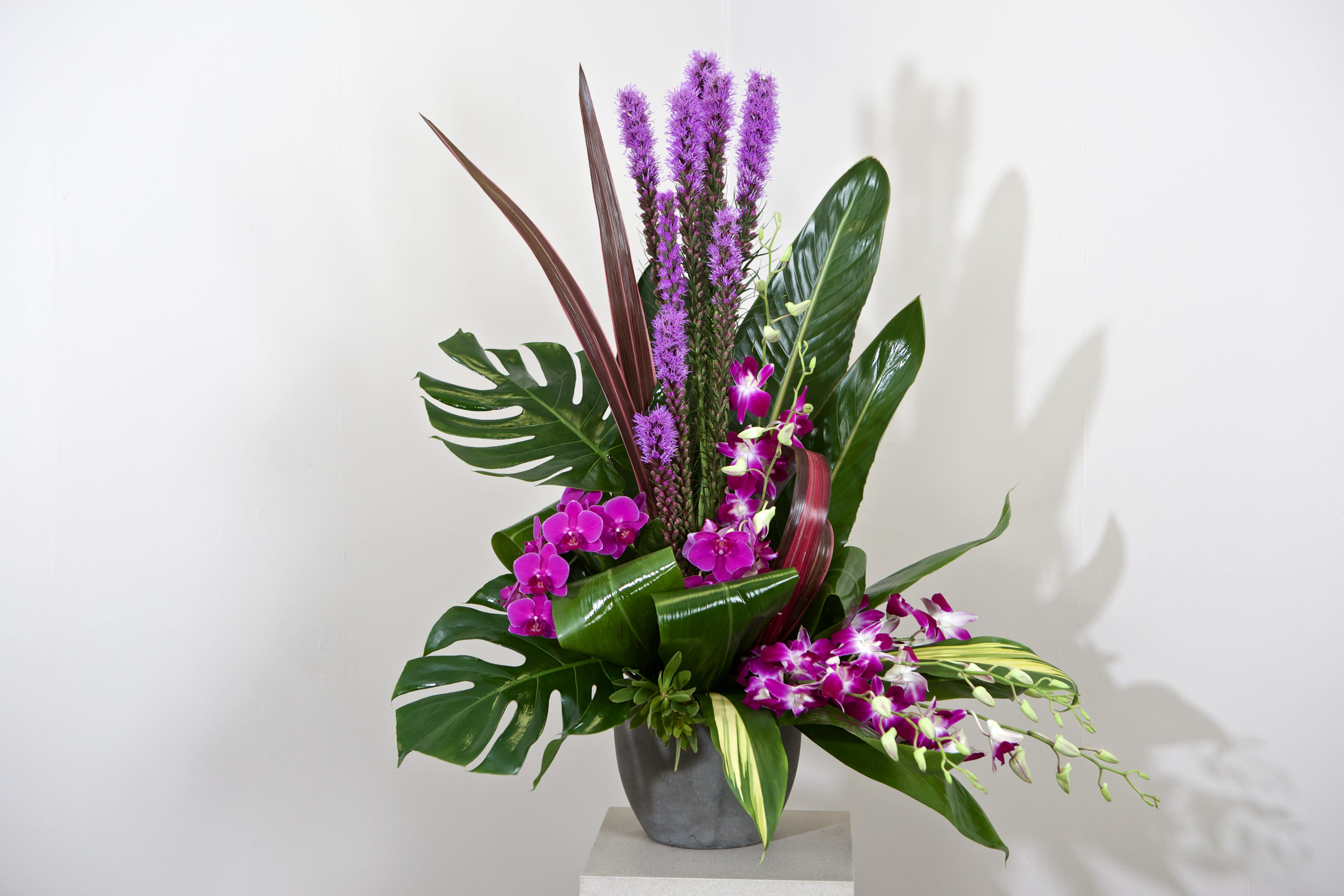 Tropical arrangement with purple orchids and tall purple spikes in a gray vase