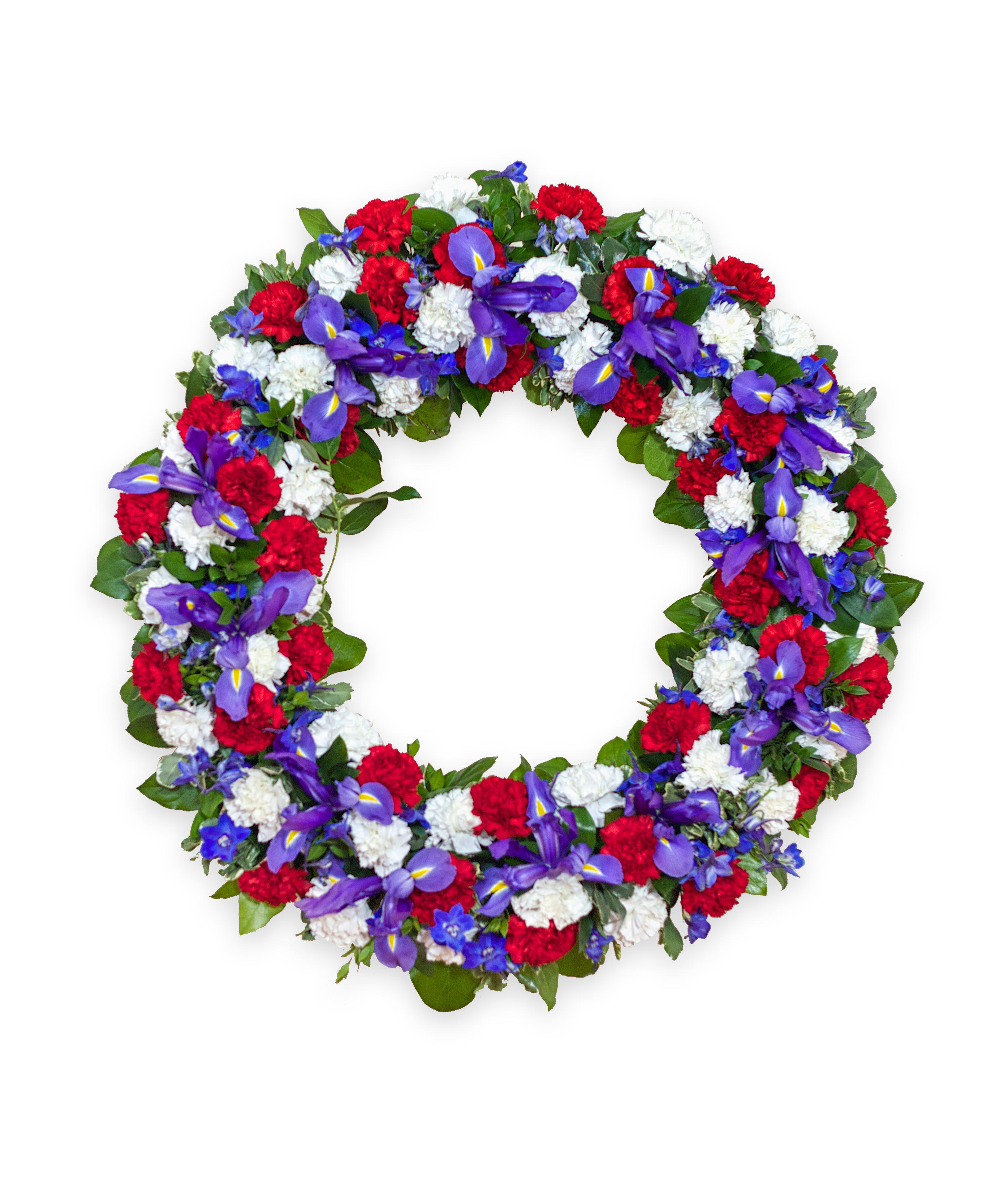 Circular wreath of red, white, and purple flowers