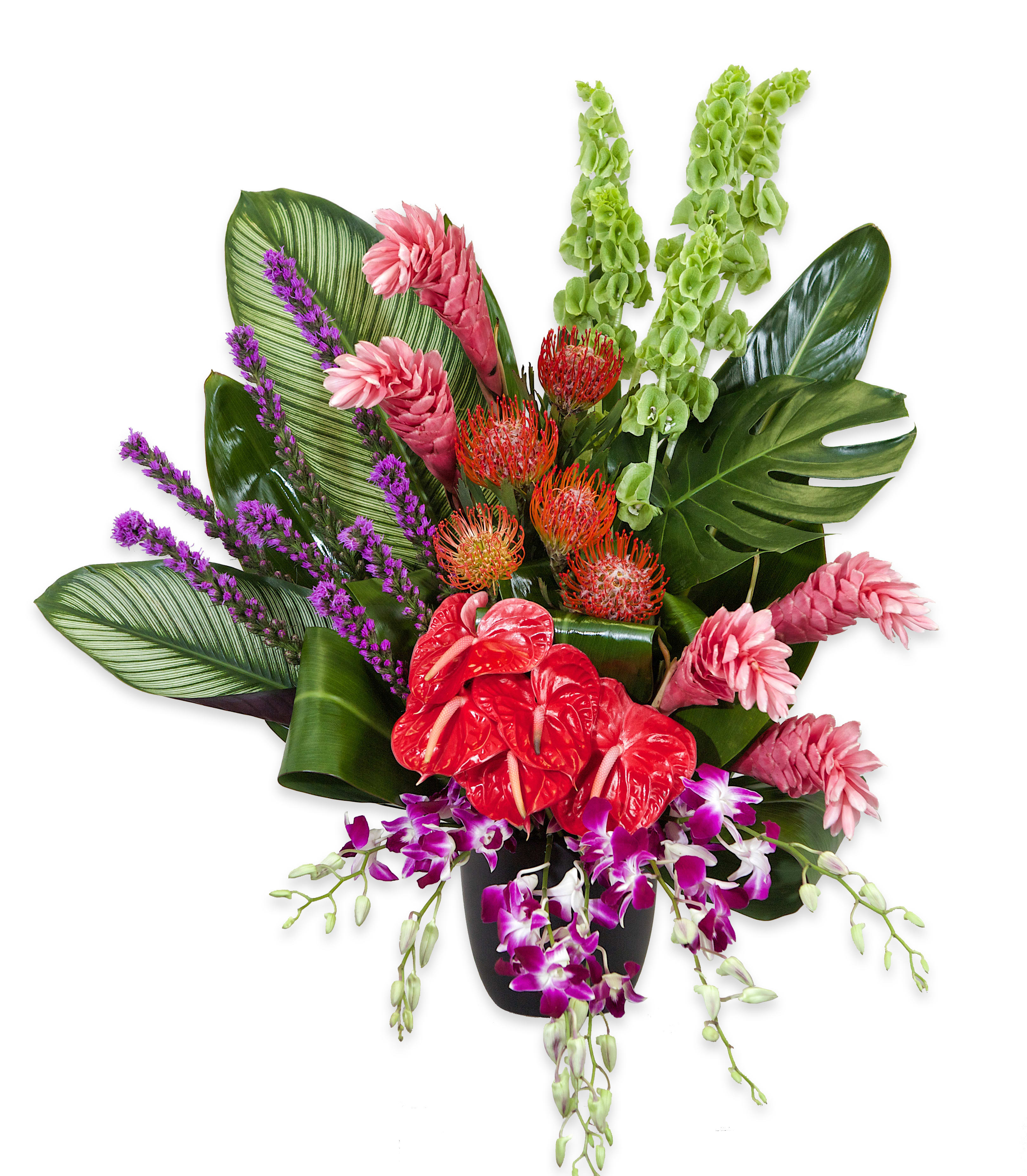 Tropical flower arrangement in a black vase with orchids and red blooms