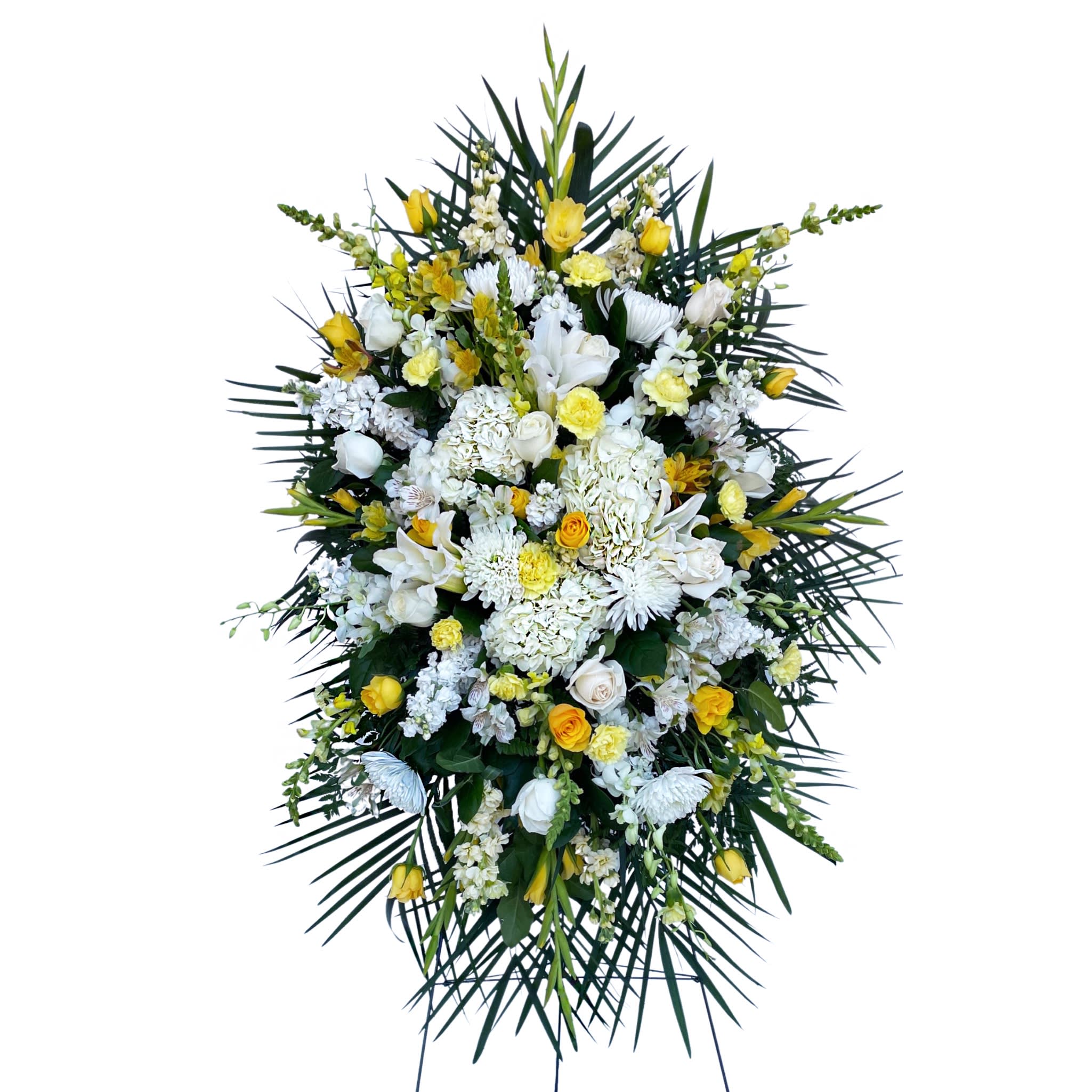 Standing floral spray with white and yellow flowers