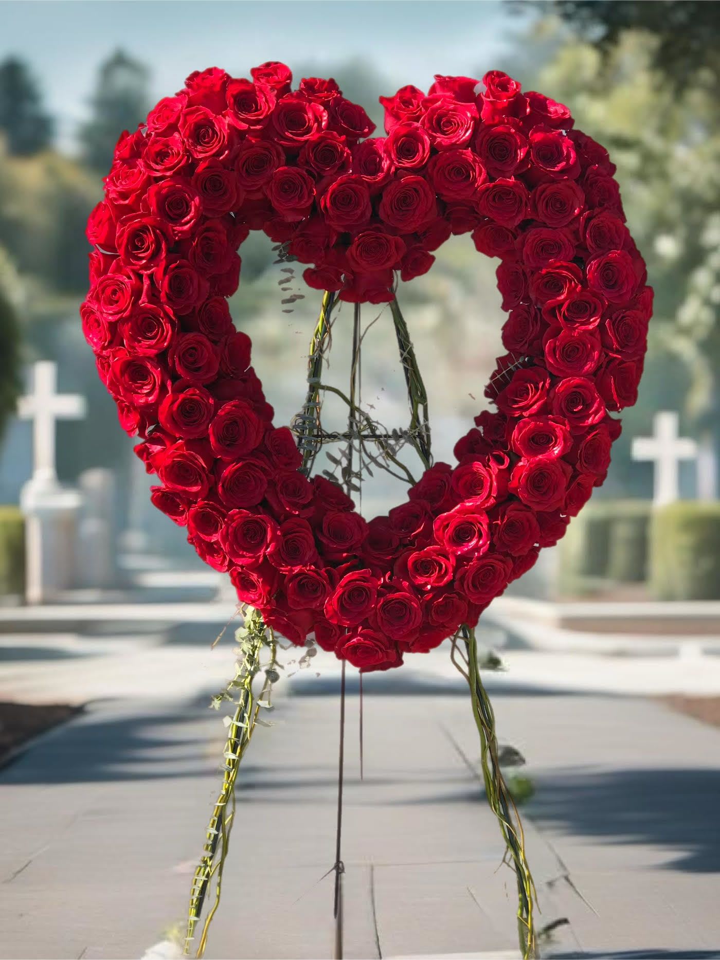 Heart-shaped red rose wreath on a stand