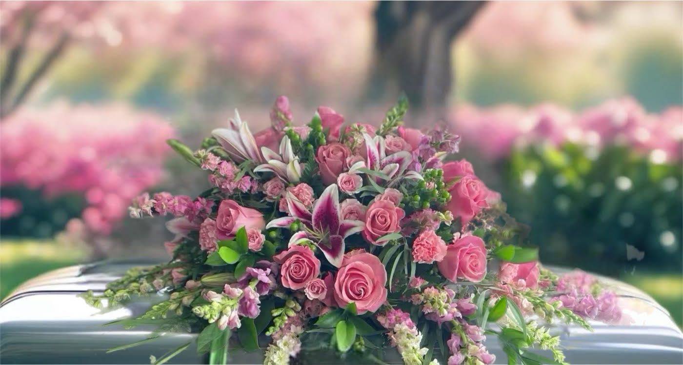 Pink rose and lily funeral spray on a casket