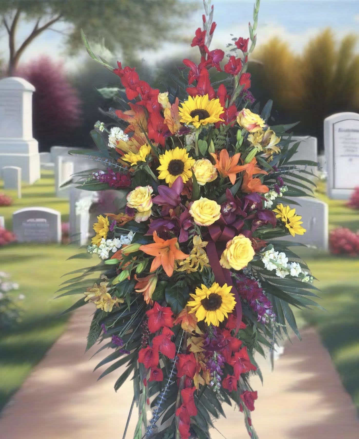 Tall standing funeral spray with sunflowers, roses, lilies, and red gladiolus