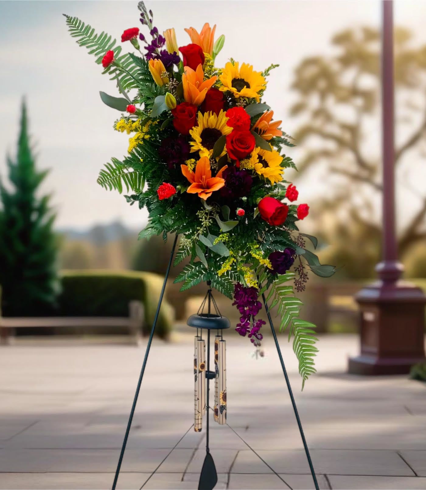 Standing floral spray with sunflowers, roses, and lilies on a metal easel