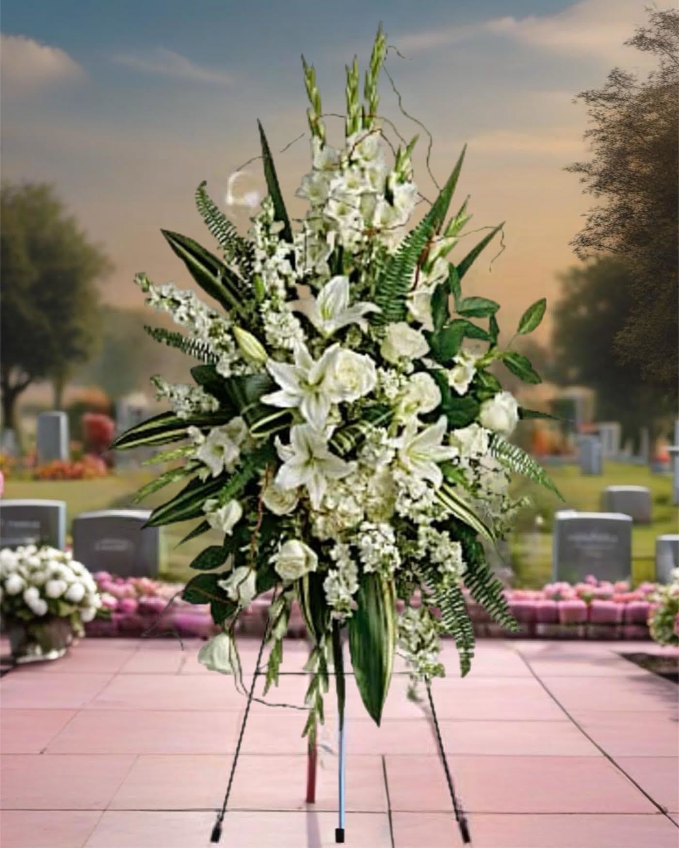 Tall white funeral spray with lilies and greenery on a stand