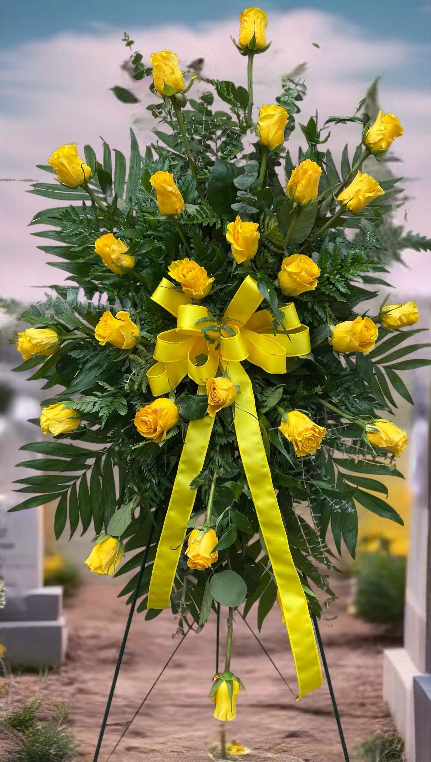 Yellow Rose Easel - All yellow Rose easel with greenery.