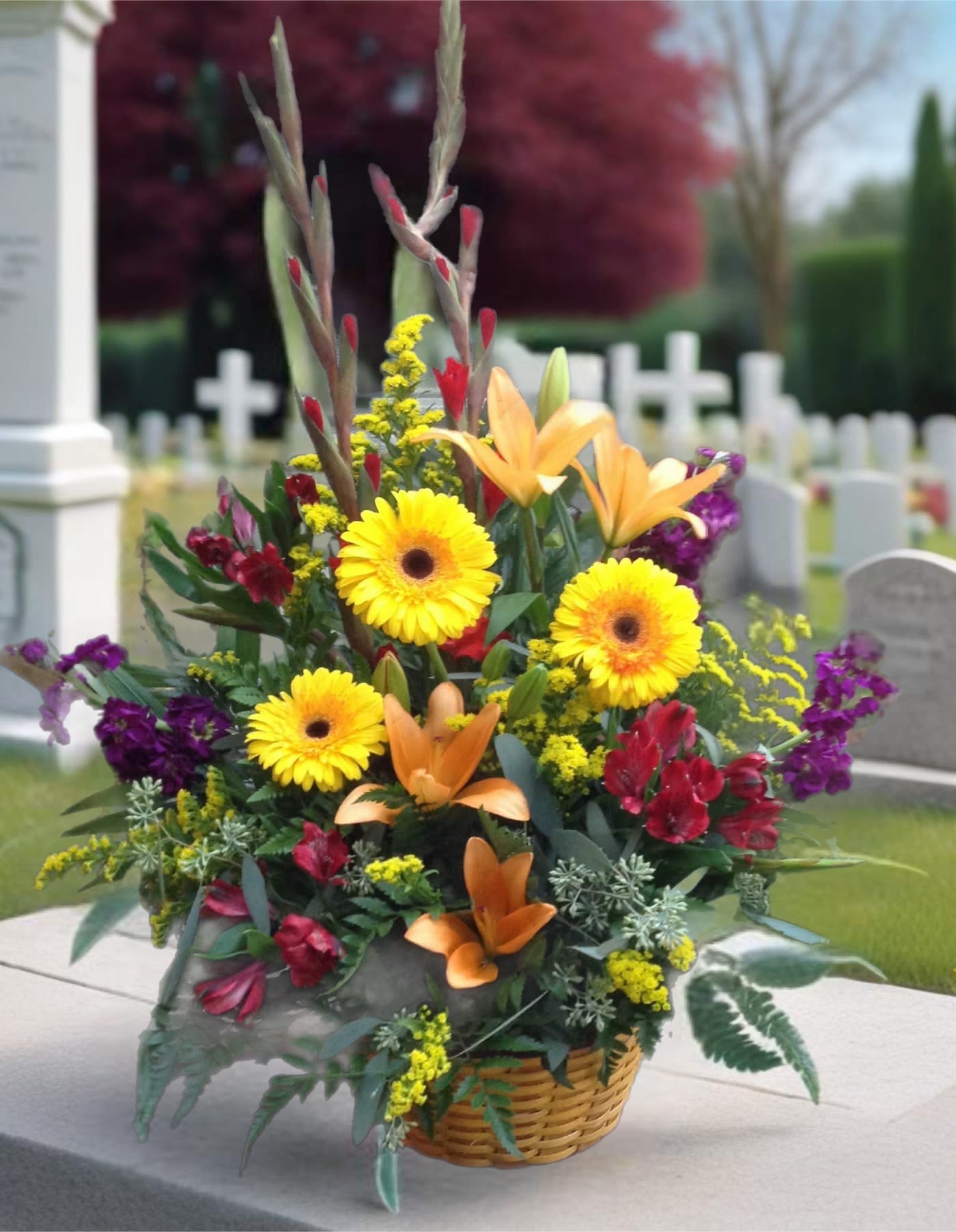 Basket arrangement with yellow gerberas, orange lilies, and purple flowers