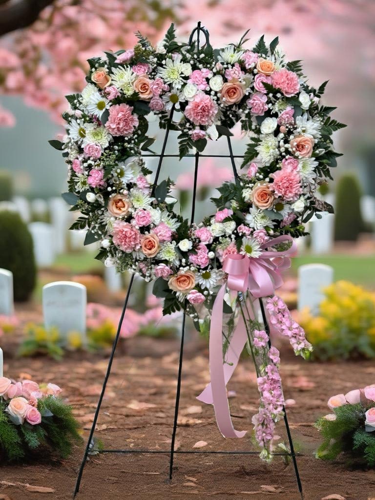 Echoes Of Love - A tribute that resonated with the enduring bond of affection, where each petal whispers a memory and the soft hues of pink and white intertwine to honor a life well-lived. This heart-shaped arrangement, standing proudly on an easel, captures the essence of love that continues to echo long after it has passed, offering a quiet yet powerful reminder of the beauty, grace, and warmth left behind.