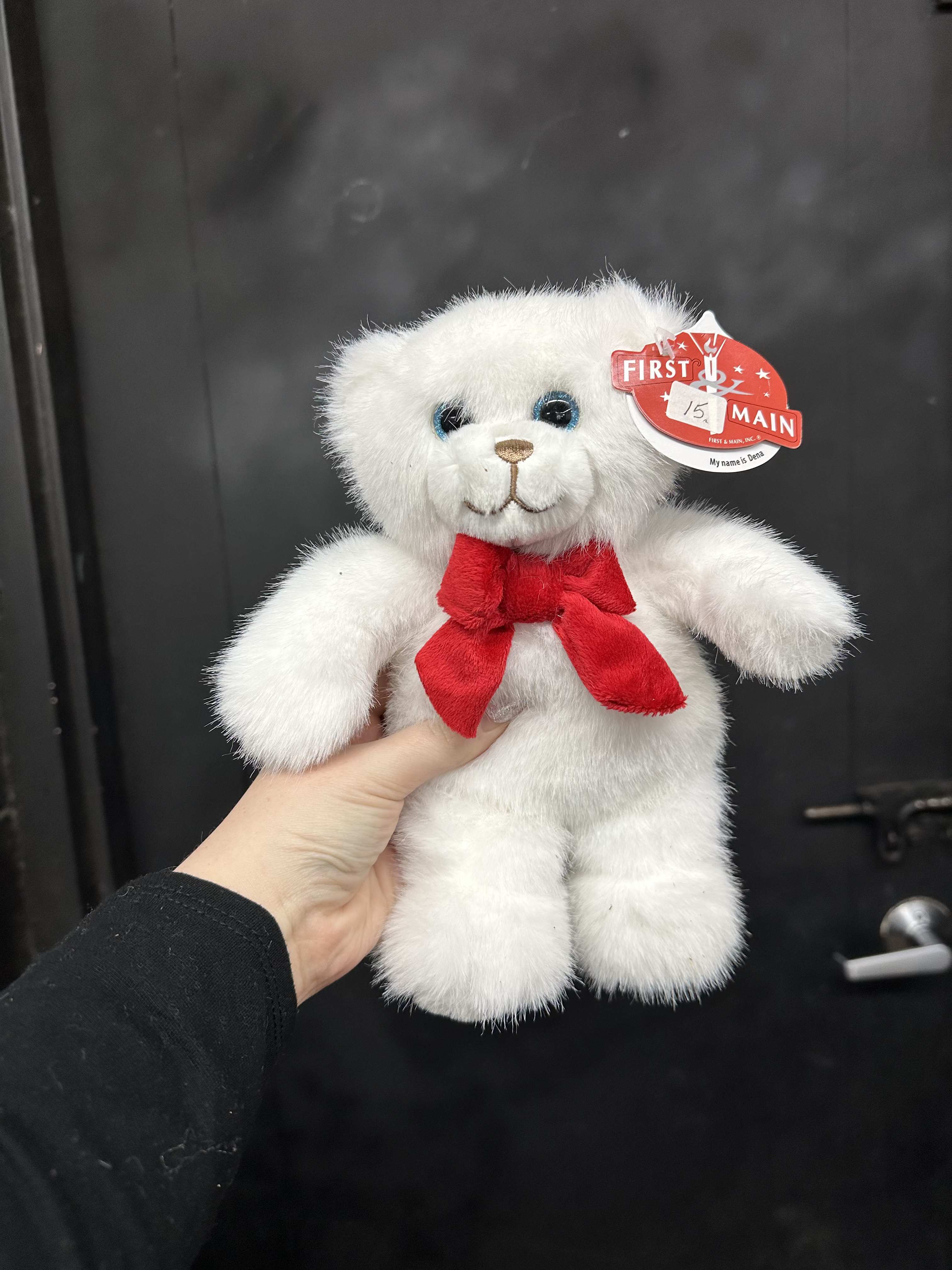 White teddy bear with a red bow being held in one hand