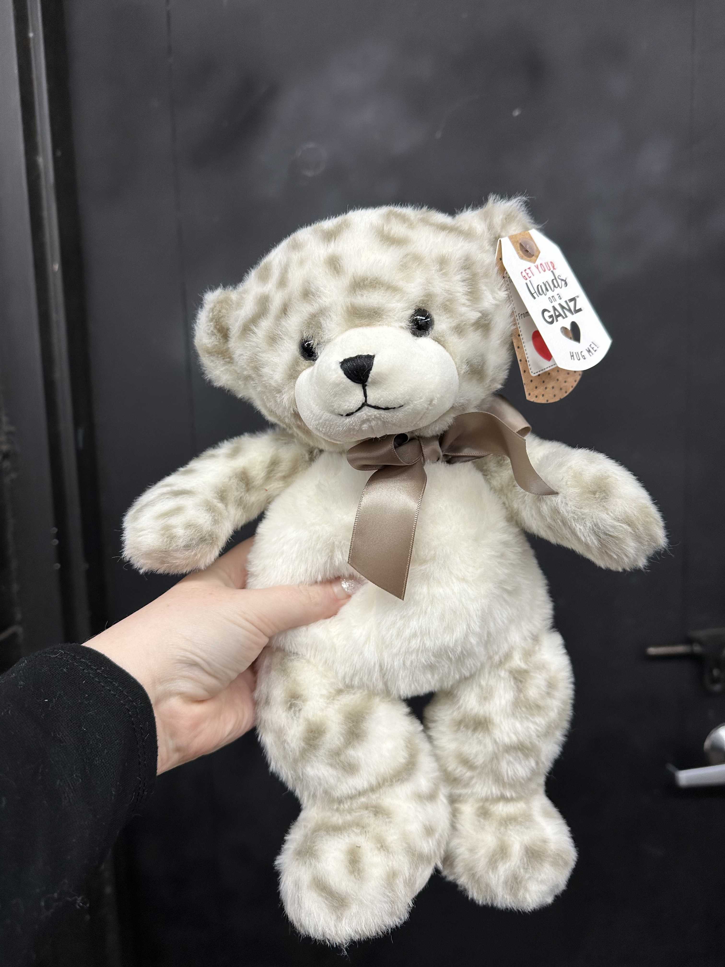 Plush teddy bear with a ribbon bow and hanging tag
