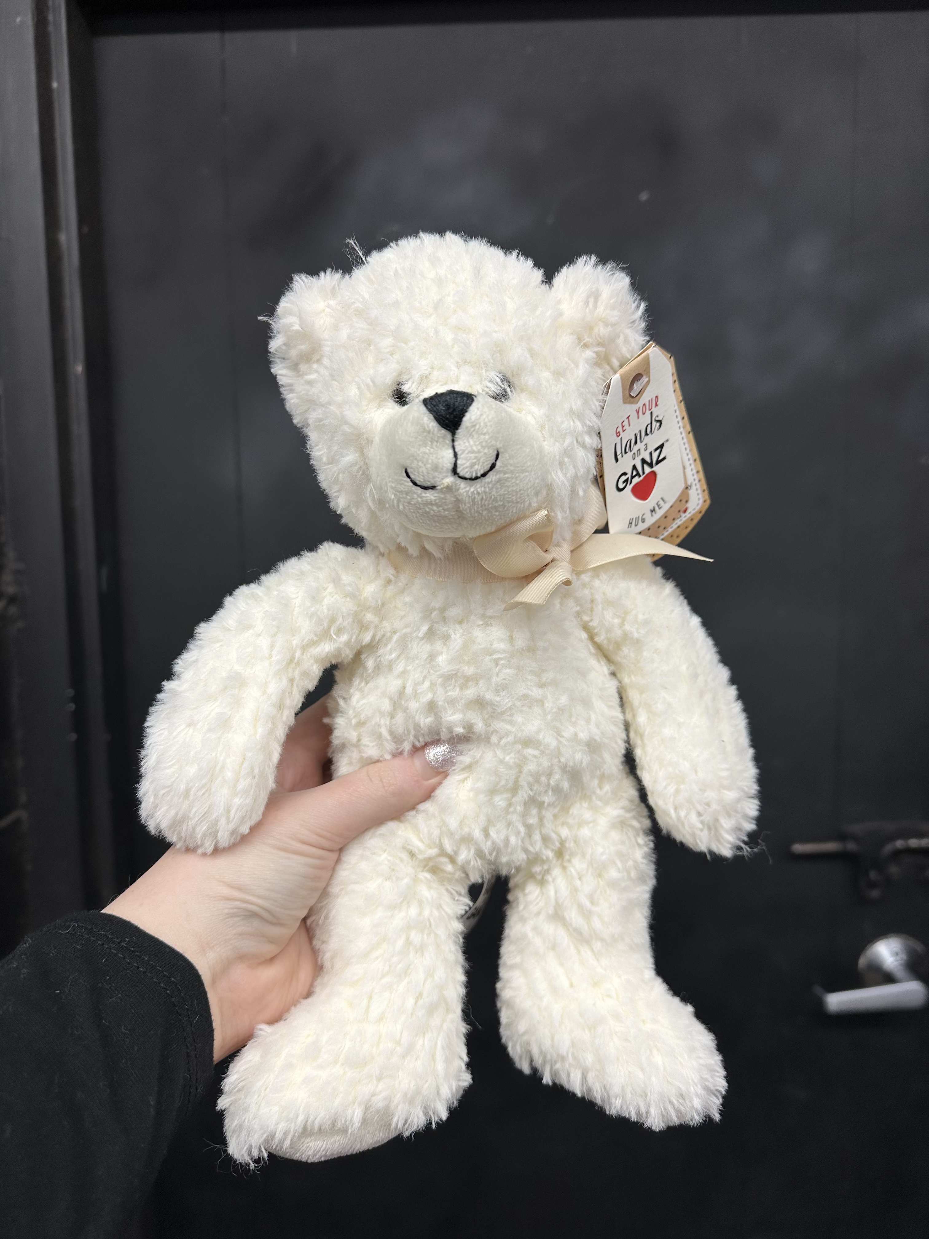 White teddy bear with a ribbon and hanging tag