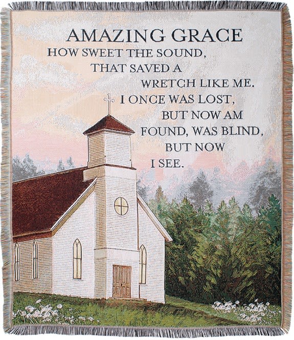 Woven throw blanket with a church scene and the words Amazing Grace