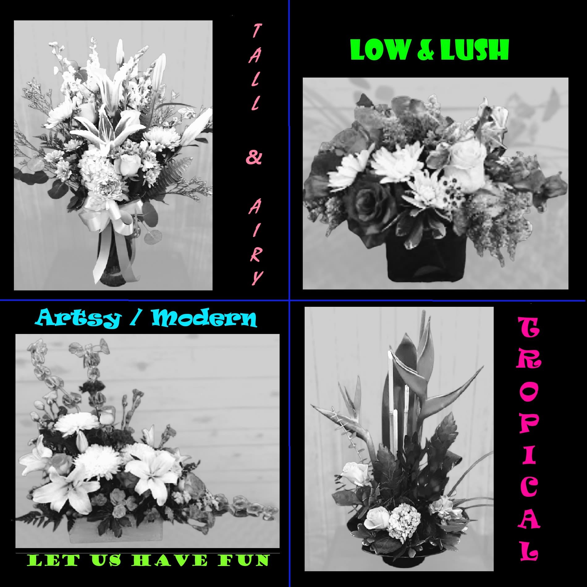 Collage of four floral arrangements in black-and-white with style labels.