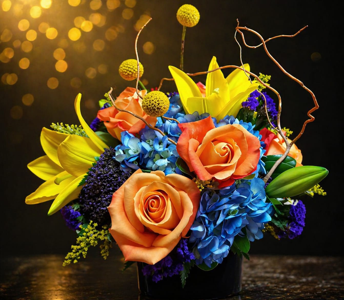 Vibrant Harmony Cube - Introducing the "Vibrant Harmony Cube," a striking floral arrangement that blends sophistication with bold, vibrant hues. This captivating design showcases a dynamic mix of roses, lilies, hydrangea, and craspedia, complemented by the elegant curves of curly willow. Presented in a sleek, modern cube vase, the palette of cheerful yellows, fiery oranges, serene blues, and regal purples creates a mesmerizing burst of color. Perfect for adding a touch of contemporary flair to any space, the "Vibrant Harmony Cube" is an exquisite choice for those who appreciate the beauty of a lively, artfully hand-crafted floral display.