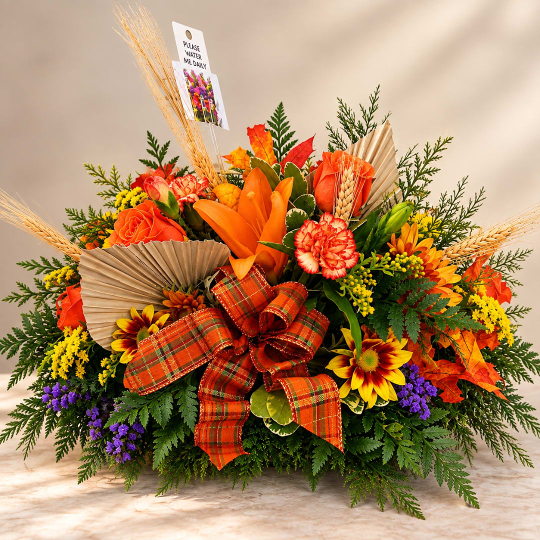 Autumn floral arrangement with orange and yellow blooms and a plaid ribbon