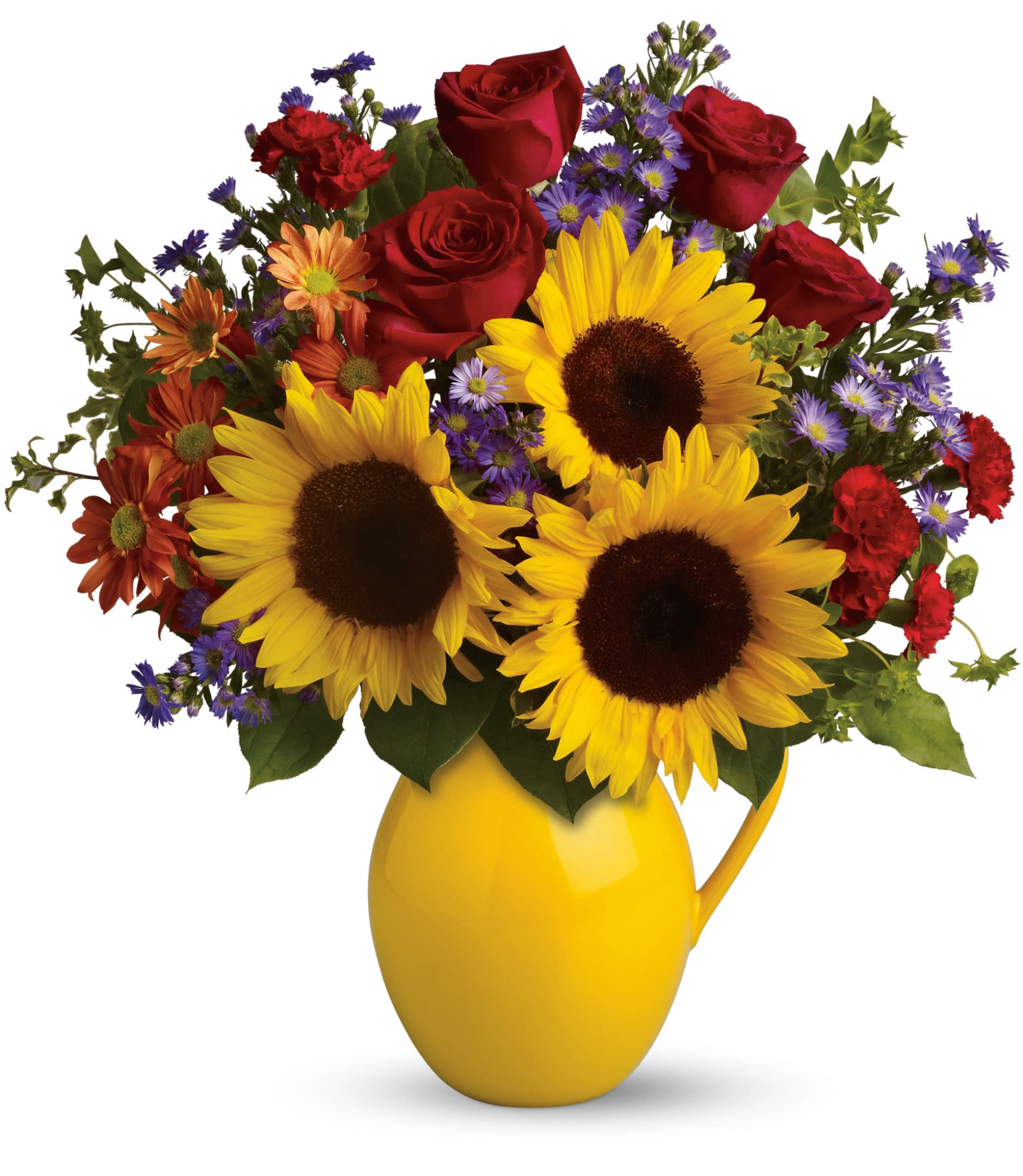 Bouquet of sunflowers, red roses, and purple daisies in a yellow pitcher vase