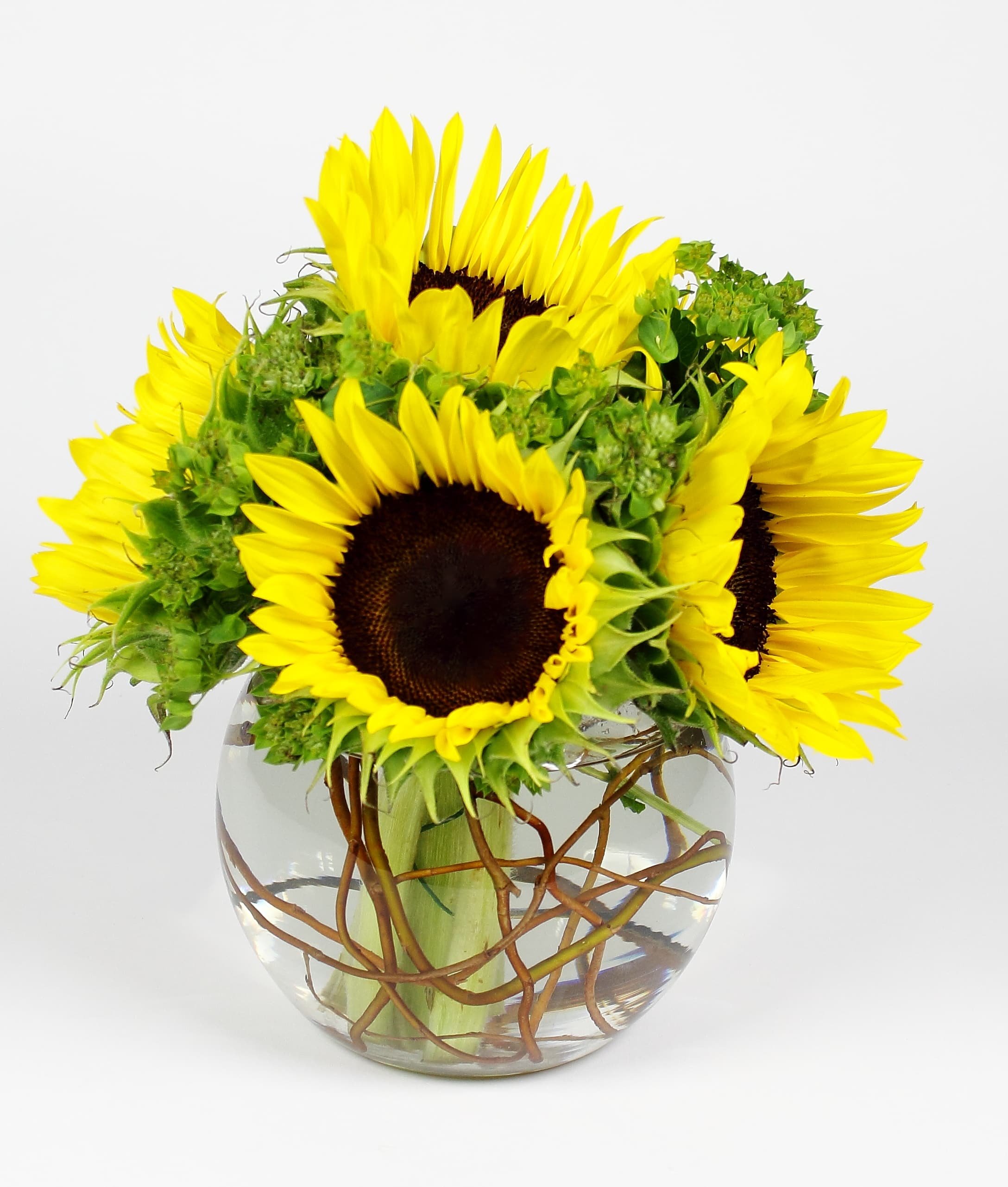 Sunflower bouquet in a round glass vase with twisted branches