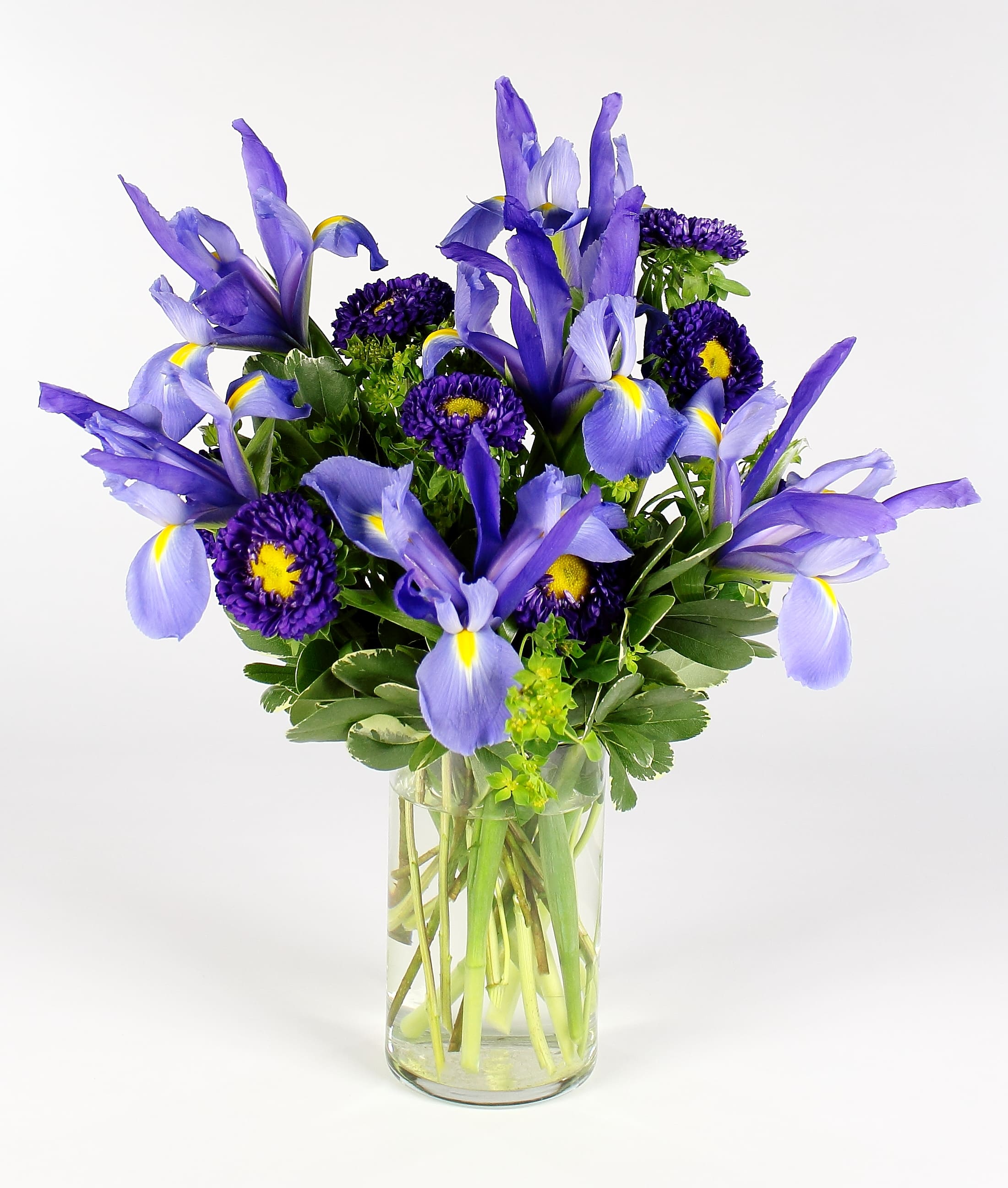 Purple irises and dark purple daisies in a clear glass vase