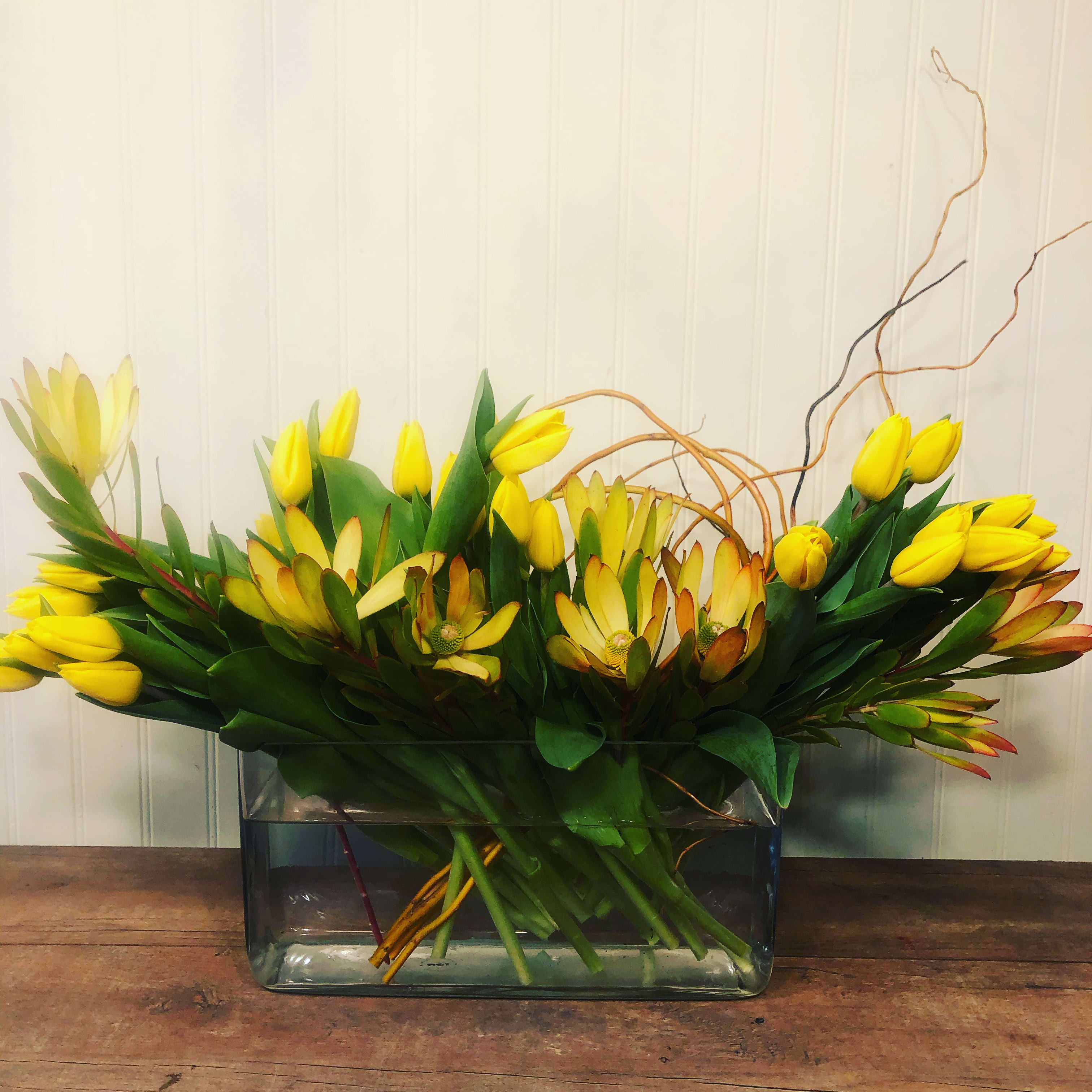 Yellow tulips and protea in a rectangular glass vase
