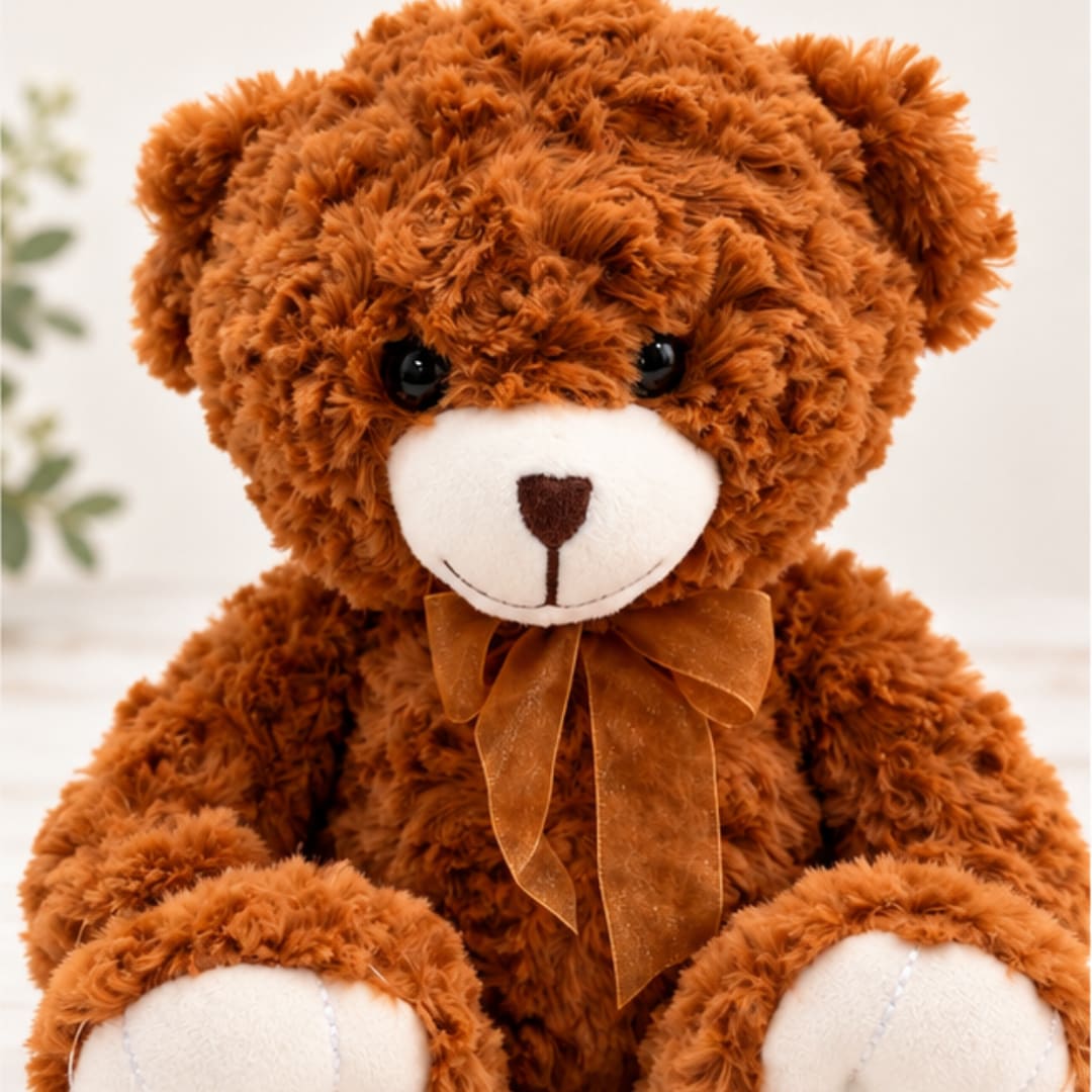 Brown teddy bear with a ribbon bow on a light background