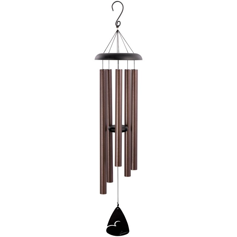 Hanging metal wind chime with brown tubes and a black clapper