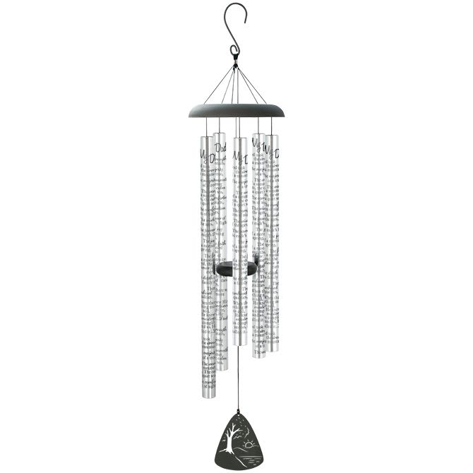Silver wind chime with hanging metal tubes and a black clapper.