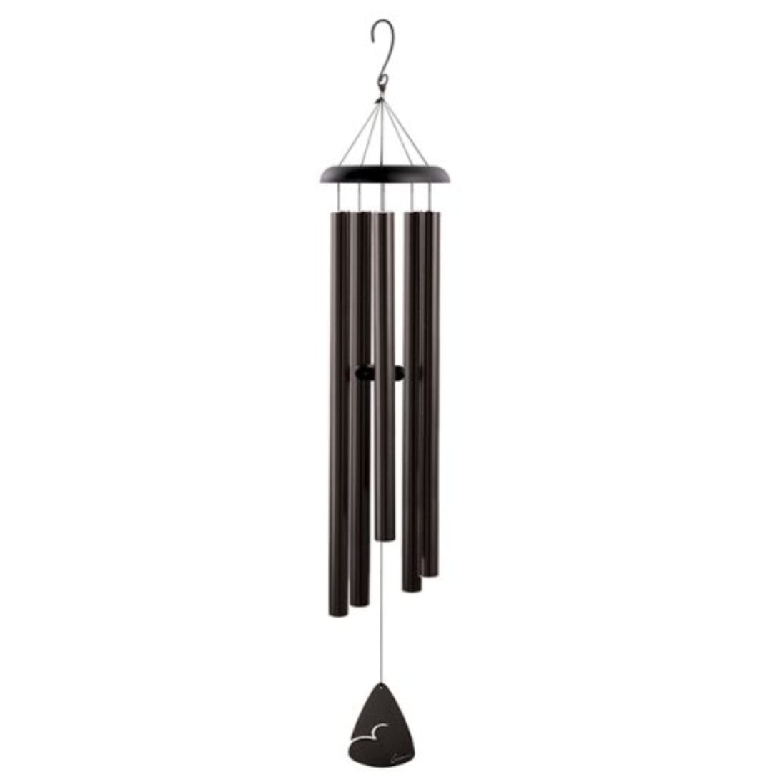 Black wind chime with hanging metal tubes and a clapper