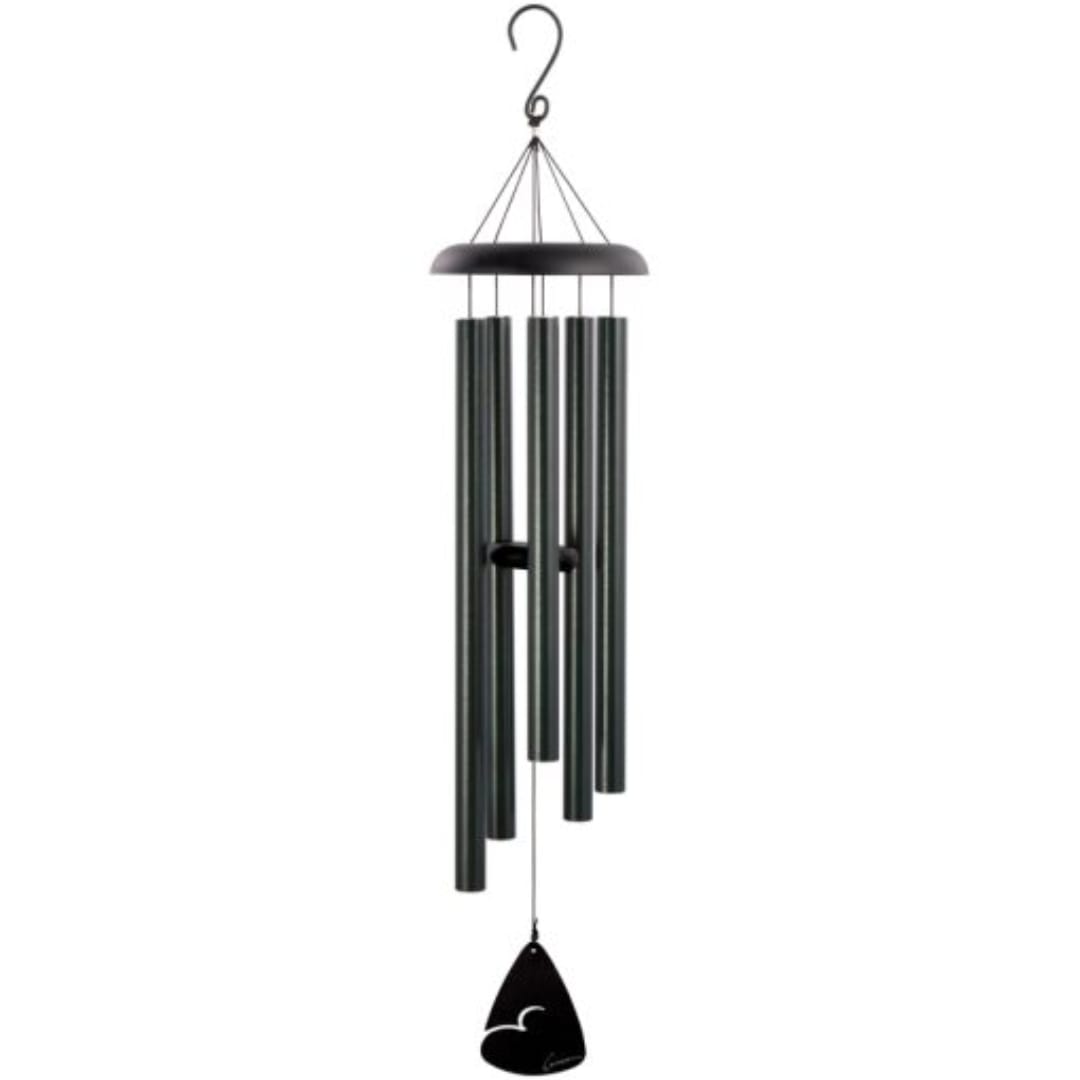 Black metal wind chime with hanging tubes and a clapper