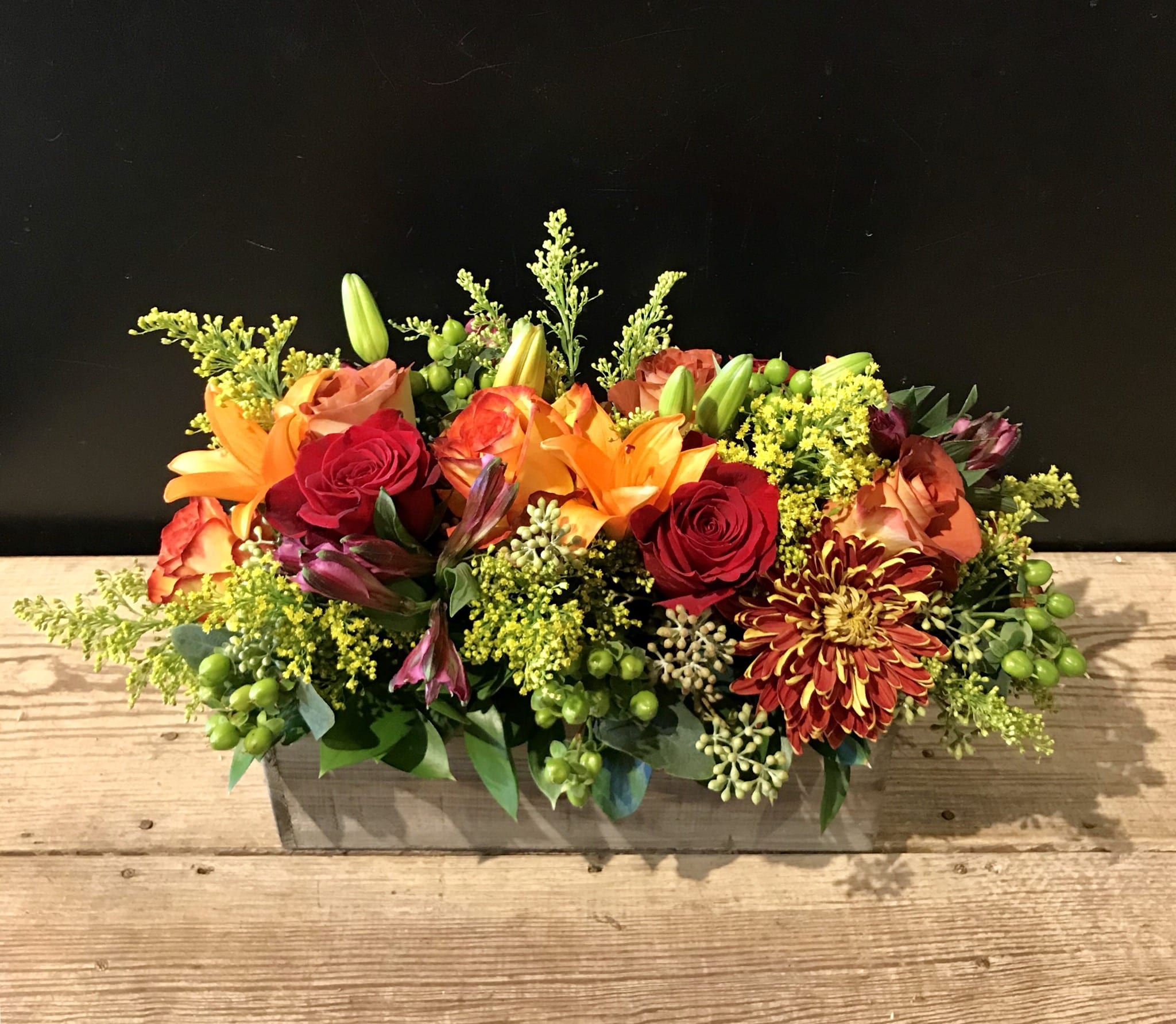 Joy - Fall - Introducing the Joy-fall..  Fall floral  gatherings in vibrant hues in  a wooden box.  A wonderful choice for gift giving or a holiday centerpiece.  