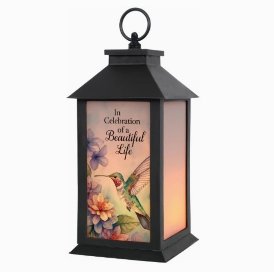 Black memorial lantern with a hummingbird and flowers