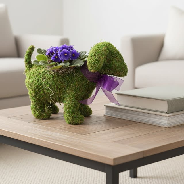 Violet the Pup - Mossed topiary puppy with a living african violet (colors vary)  tied with a ribbon!