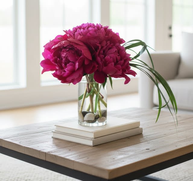 Peony Gathering (colors will vary) - This design features 6 luscious peonies in a vase accented with river stones and Lily grass.  The varieties and colors will vary from week to week depending upon availability.  This design is only available as the season allows.