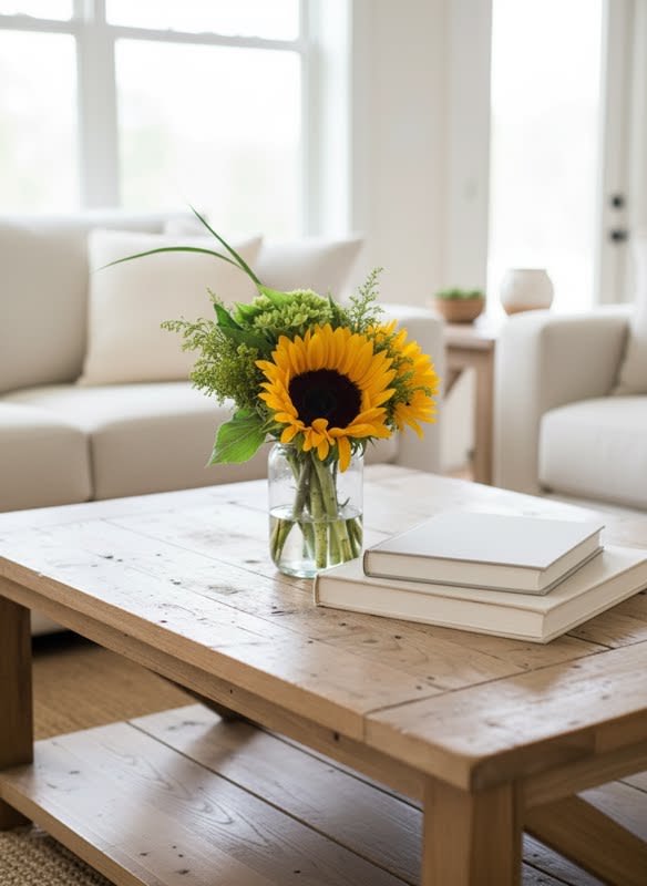 Sunflower Kiss - Just like a little kiss on the cheek, this bright and happy Lil gem will bring a smile to any loved one. Featuring a couple of select blooms of sunflowers and a hydrangea along with wildflower accents in a cylinder vase with a bed of river stones. 