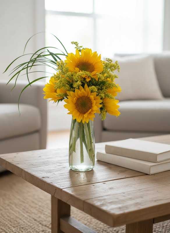 Sunshine Daydream - The Sunshine Daydream Bouquet highlights stunning sunflowers to  capture their every attention with its bright beauty. Gorgeous  sunflowers are accented with solidago, lily grass blades and lush greens  to create a memorable flower bouquet. Presented in a clear glass  tapered square vase, this arrangement sends your warmest wishes and  highest hopes for the days ahead. 