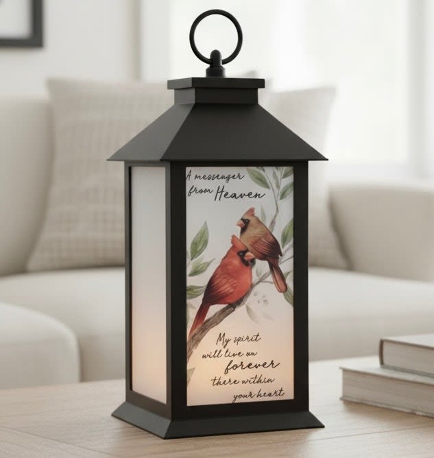Memorial Lantern "A Message" Cardinals  - These lanterns are made of weather friendly materials and UV printed frosted glass. They include a flameless LED candle with a built-in automatic timer: 6hrs ON/18hrs OFF (3 AAA batteries are NOT included). They are suitable for hanging or free-standing use.
