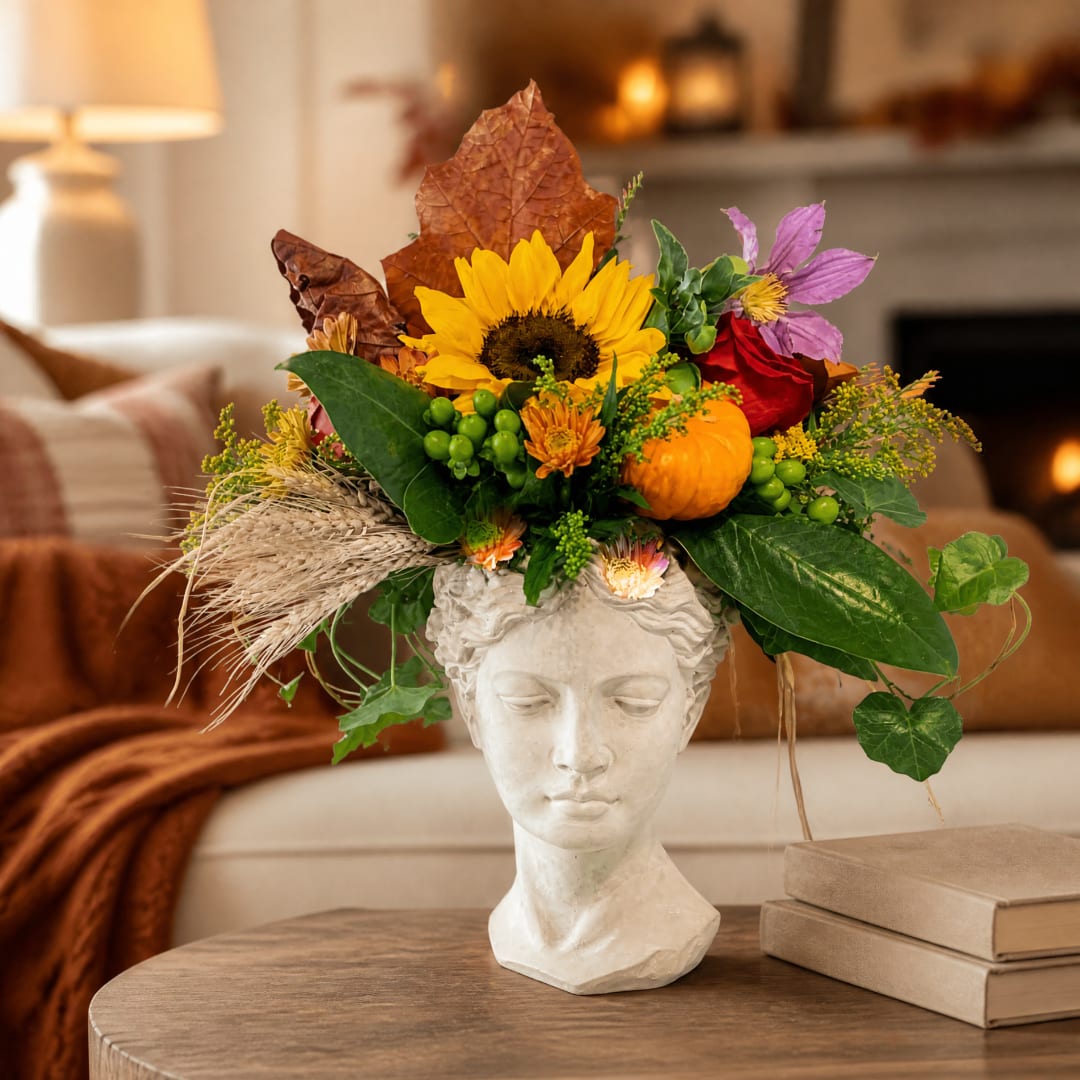 Fall floral arrangement in a white sculpted bust vase on a table