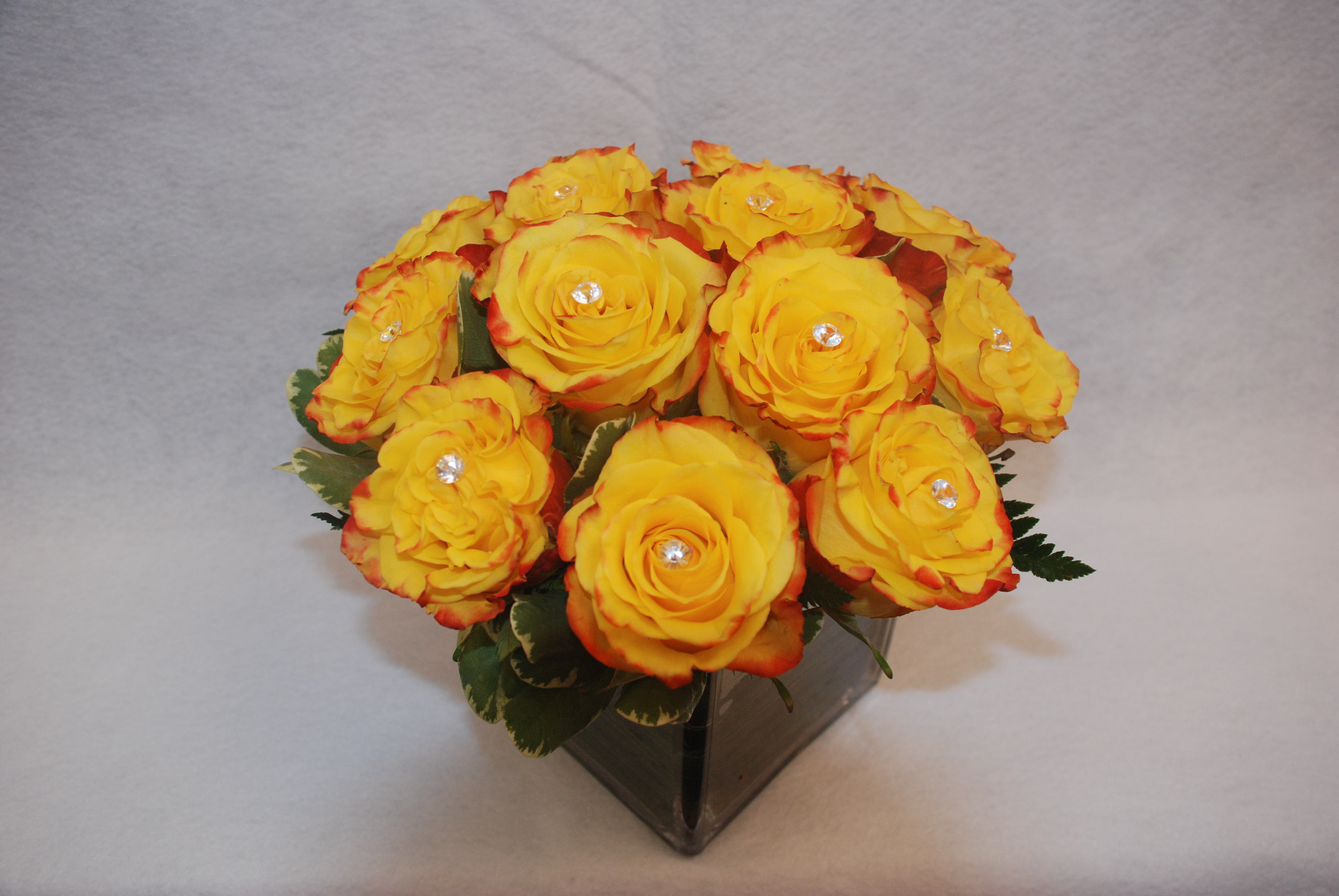 Yellow roses in a square glass vase