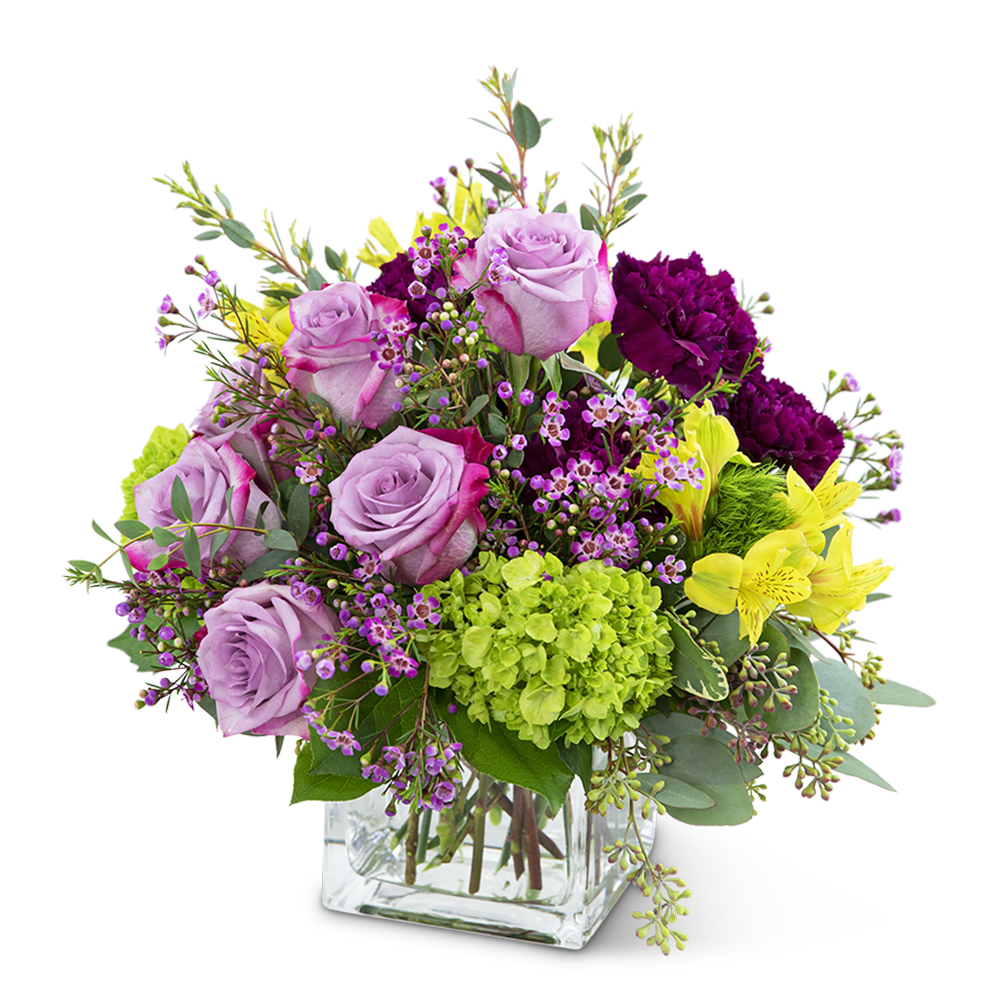 Heart of Gold - Are you wanting to send a sweet sentiment or gift? Our Heart of Gold design features long-lasting Alstroemeria, purple carnations and roses, hydrangea, premium foliage, and wax flower accents. Heart of Gold is a lovely way to send your love and appreciation! It will be the perfect complement to a home or office and will look stunning on a coffee table or desk.