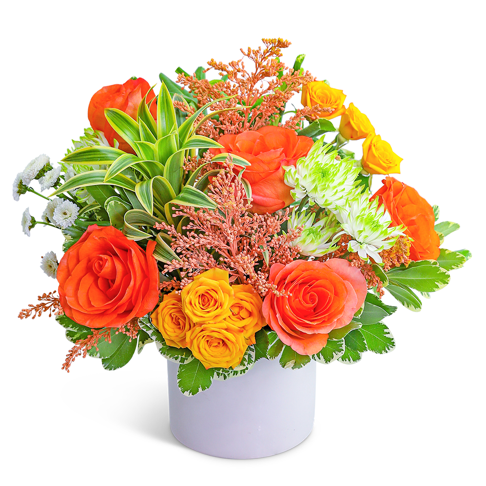 Cabana Breeze - The vibrant tropical shades in this bouquet will brighten anyone’s day! Cabana Breeze features Roses, Mums, Solidago, and is accented with premium foliage. This arrangement will be a perfect gift for a new baby, birthday, or any occasion. The Cabana Breeze Bouquet of flowers offers the perfect mix of color, texture, and aroma to make any celebration truly memorable!