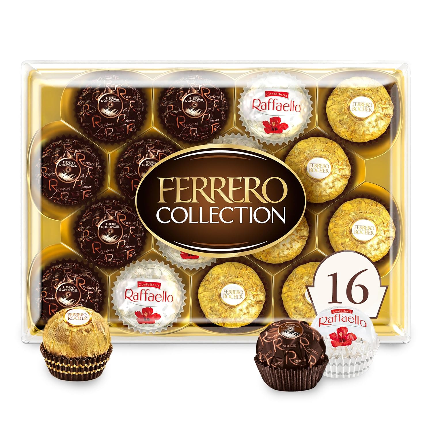 Ferrero Collection box of assorted chocolates in gold, brown, and white wrappers