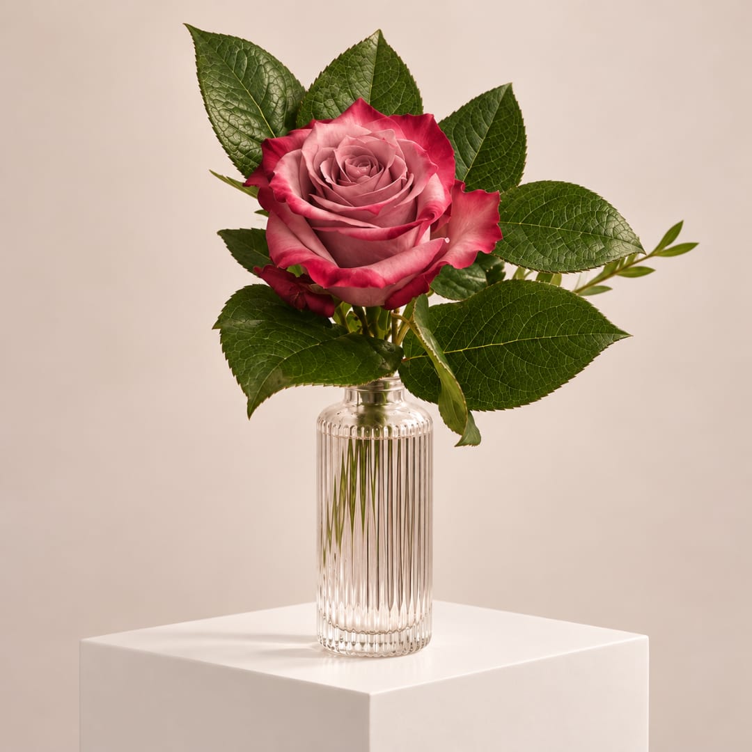 Single pink rose in a clear ribbed vase