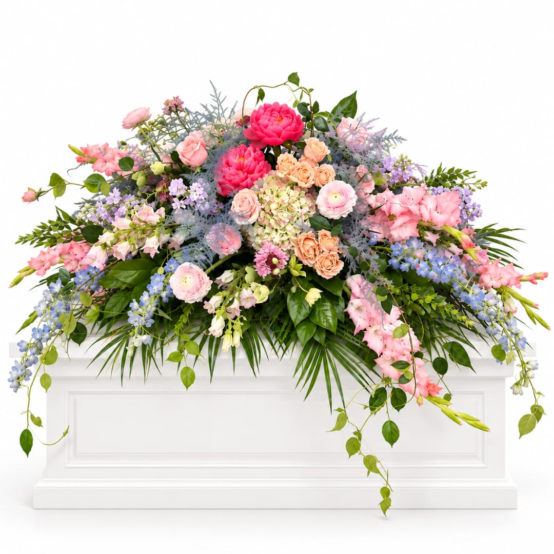 Large pastel floral arrangement with pink, peach, and blue blooms on a white pedestal