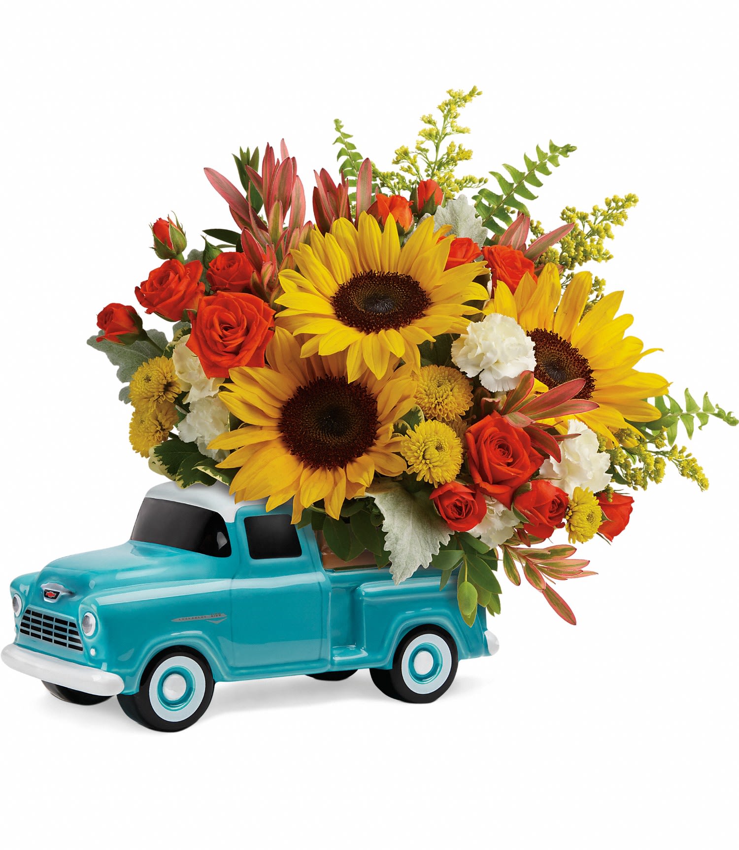 Fall arrangement in blue truck - Fall arrangement in blue truck. Buy it this fall and come back for the Holidays and we will refill it with a Christmas arrangement for $30.00!