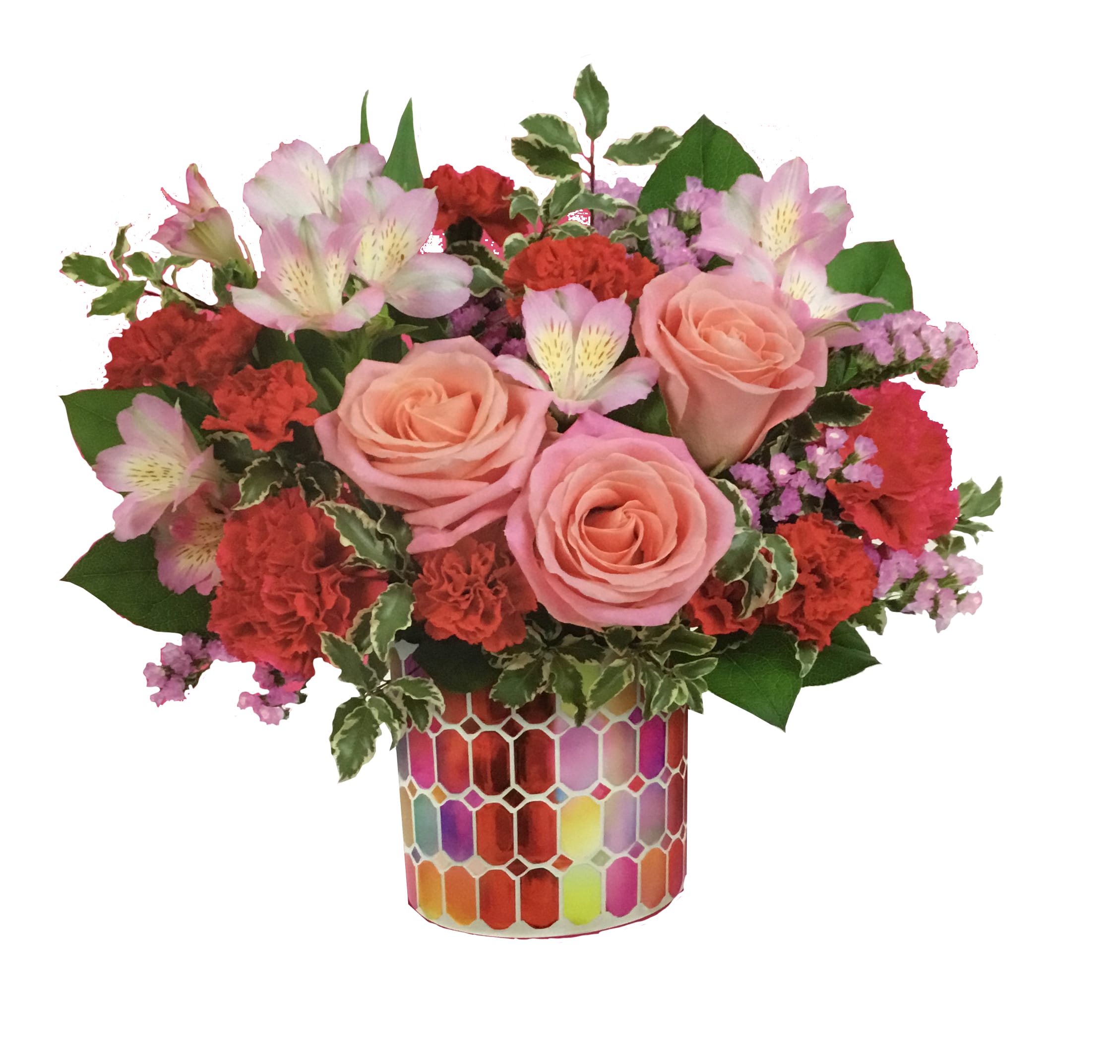 Teleflora's Charming Mosaic Bouquet - Alstromeria, Carnations, and Roses with assorted greens