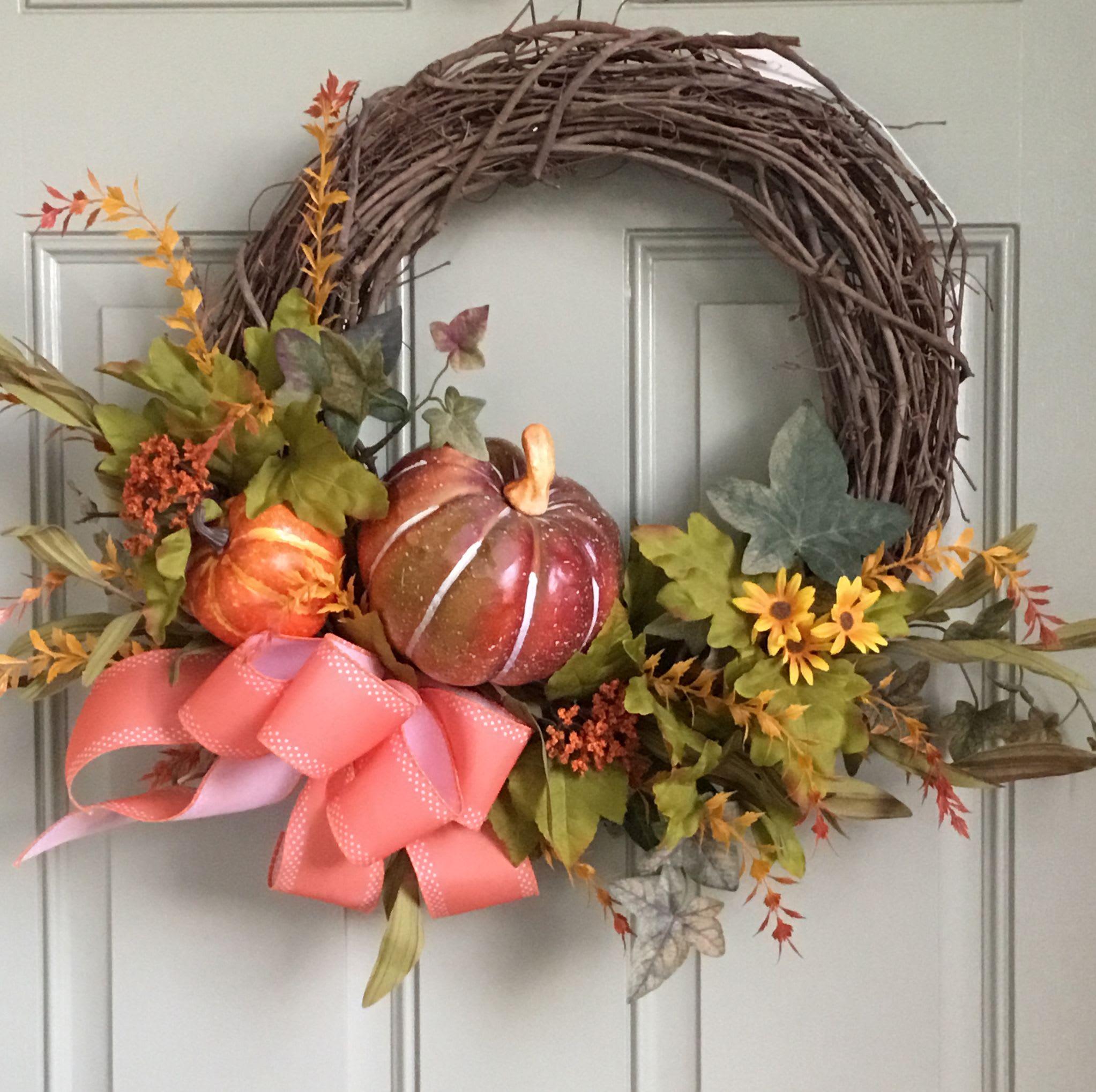 Fall Pumpkin Wreath - Fall Pumpkin Grapevine wreath with artificial flowers.
