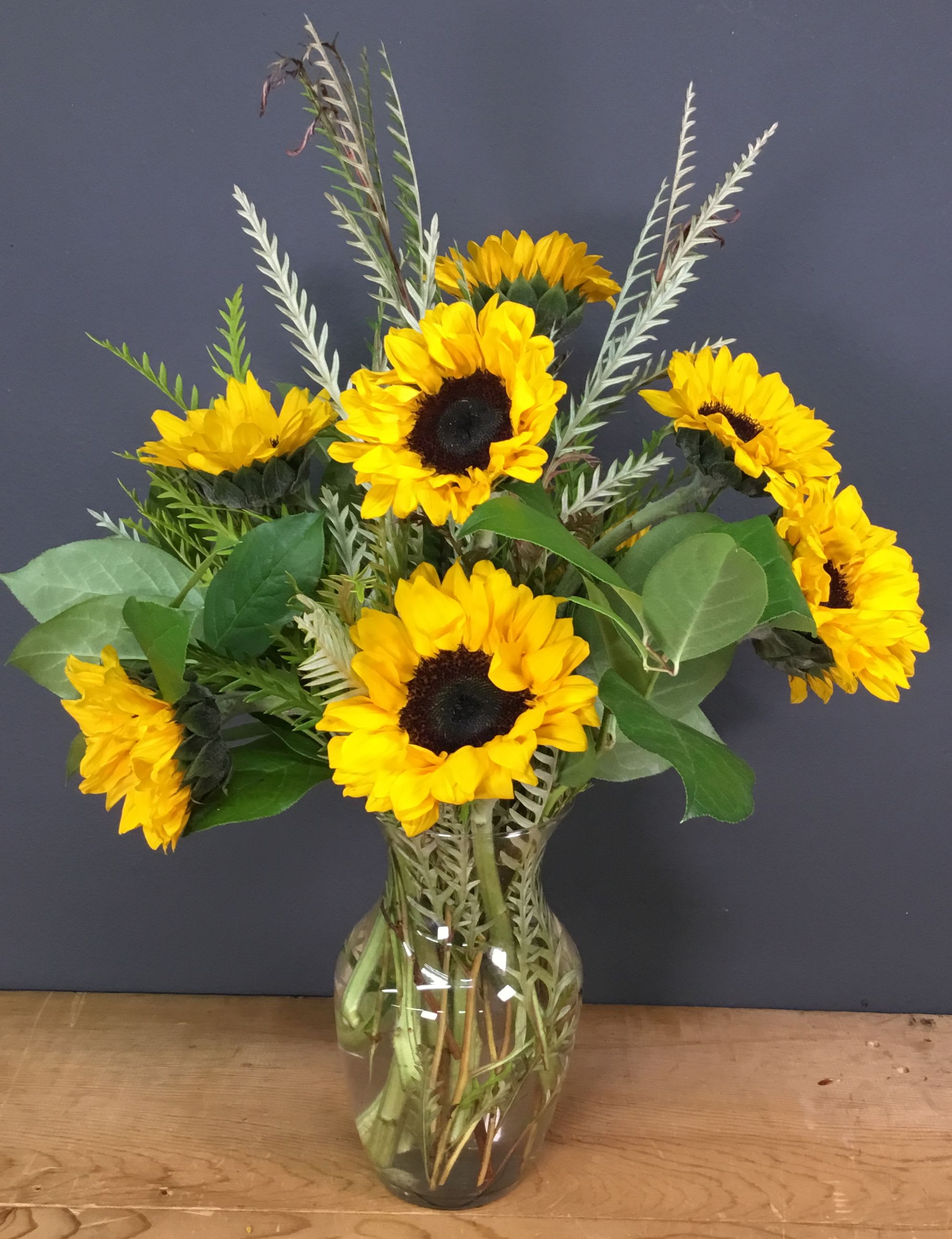 Sunflower bouquet in a clear glass vase