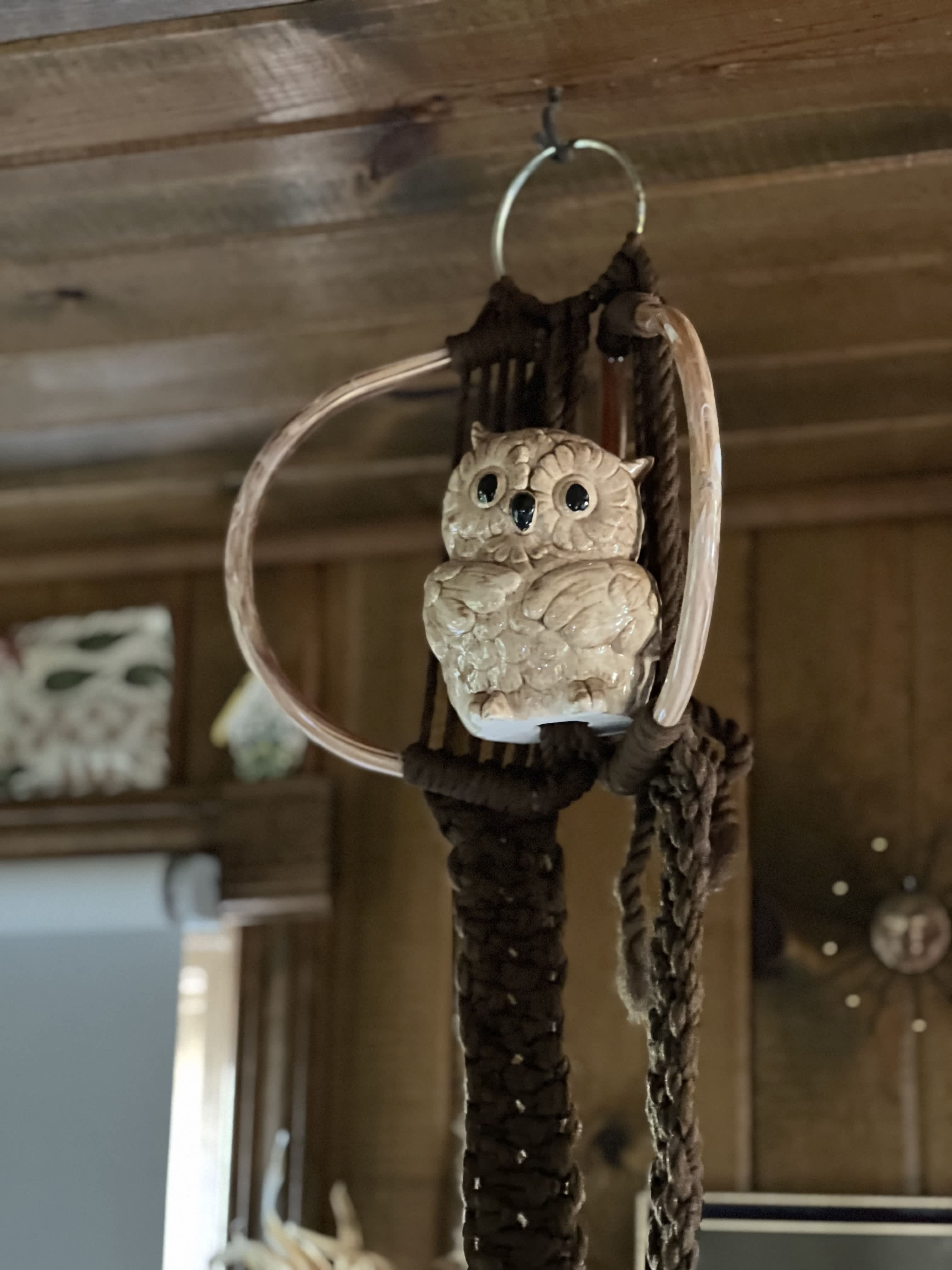 Ceramic owl ornament hanging from a woven macrame ring