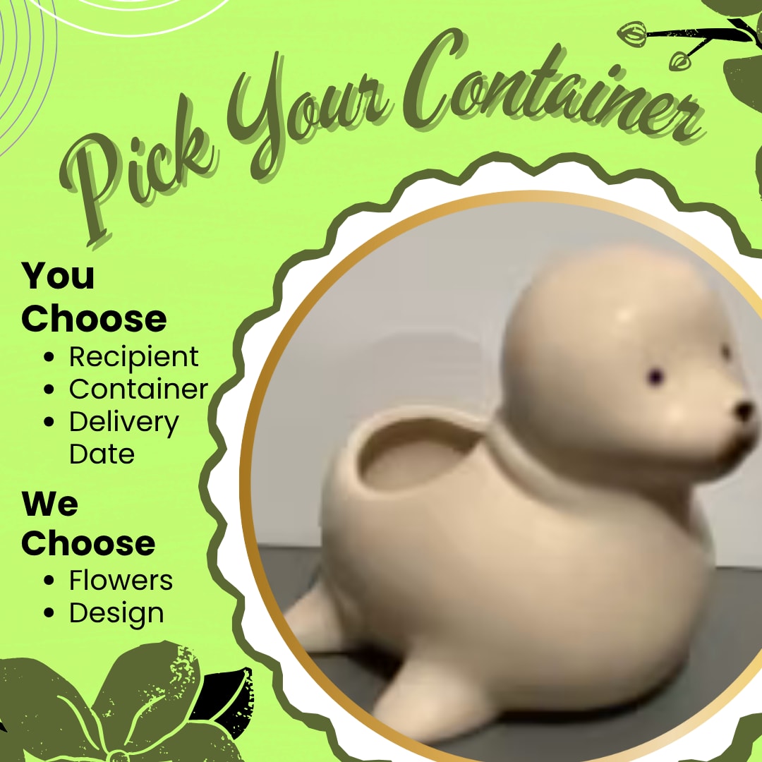 Promotional graphic with a small ceramic animal planter and text about choosing a container
