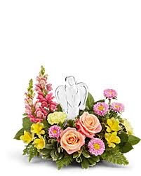 Angel's Embrace - Keepsake crystal angel surrounded by gentle garden flowers in pink and yellow hues