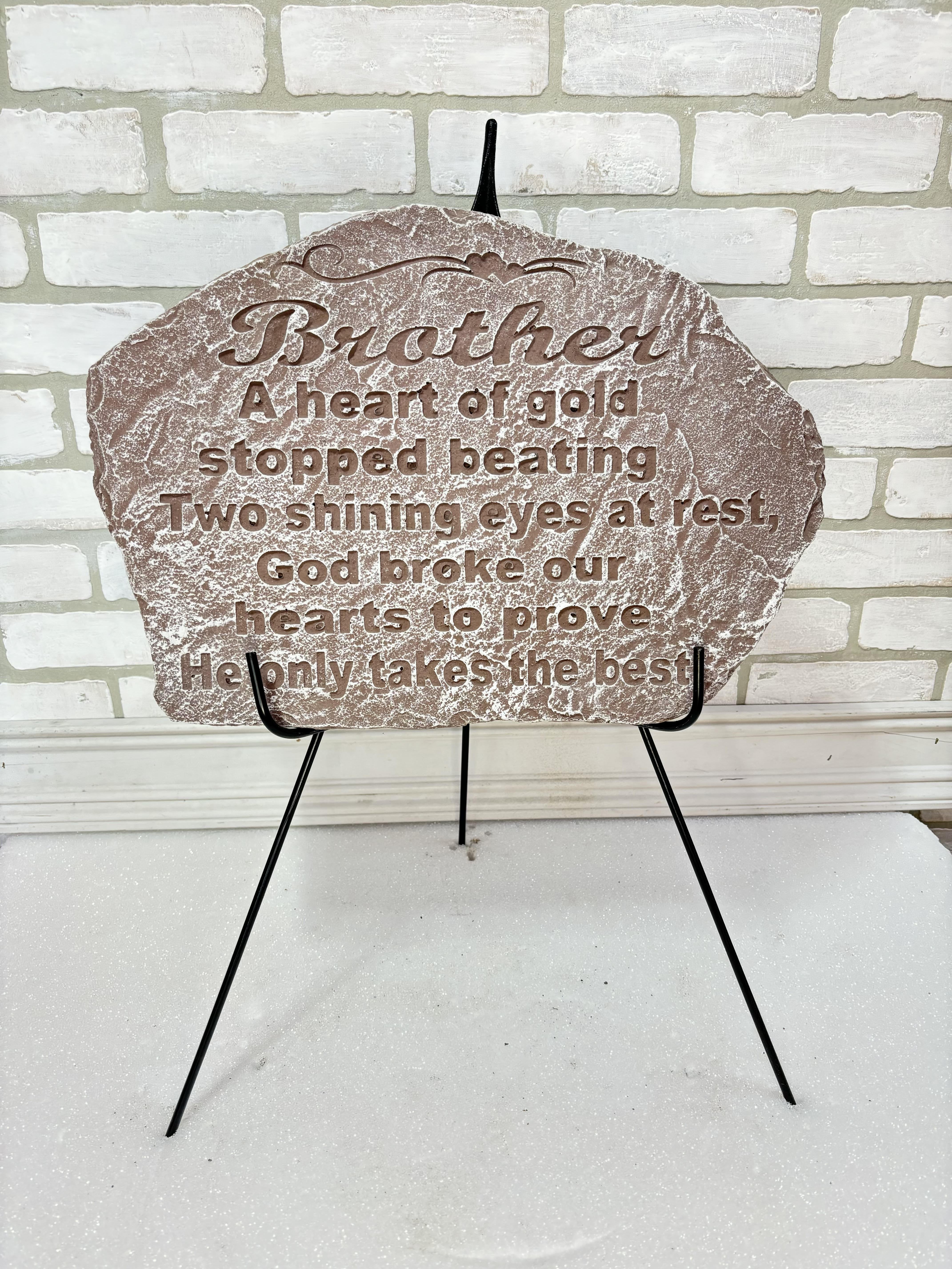 Memorial plaque on a black easel with a brother remembrance message